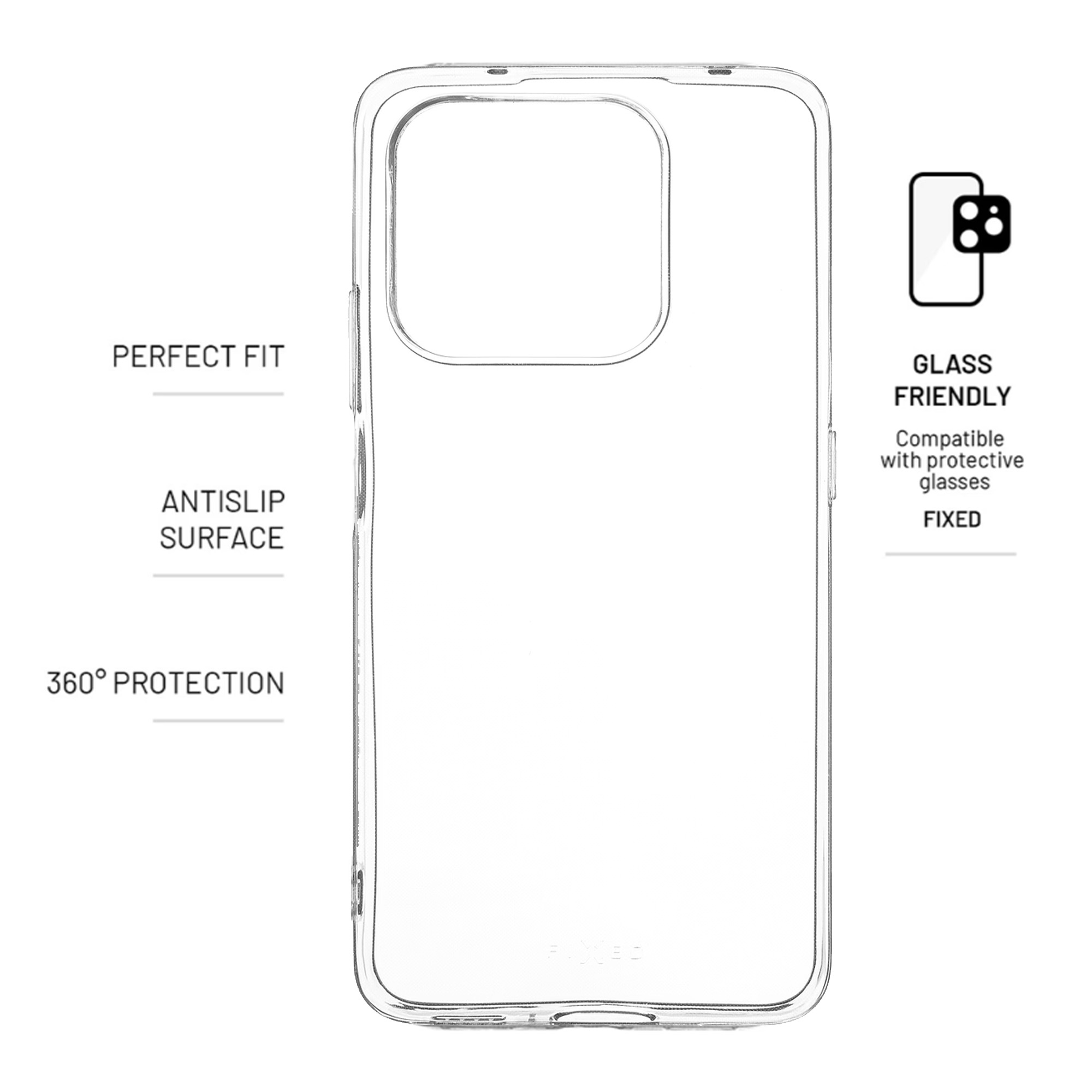 Transparente Handyhülle mit Texten wie perfekter Sitz und Glass-Friendly.