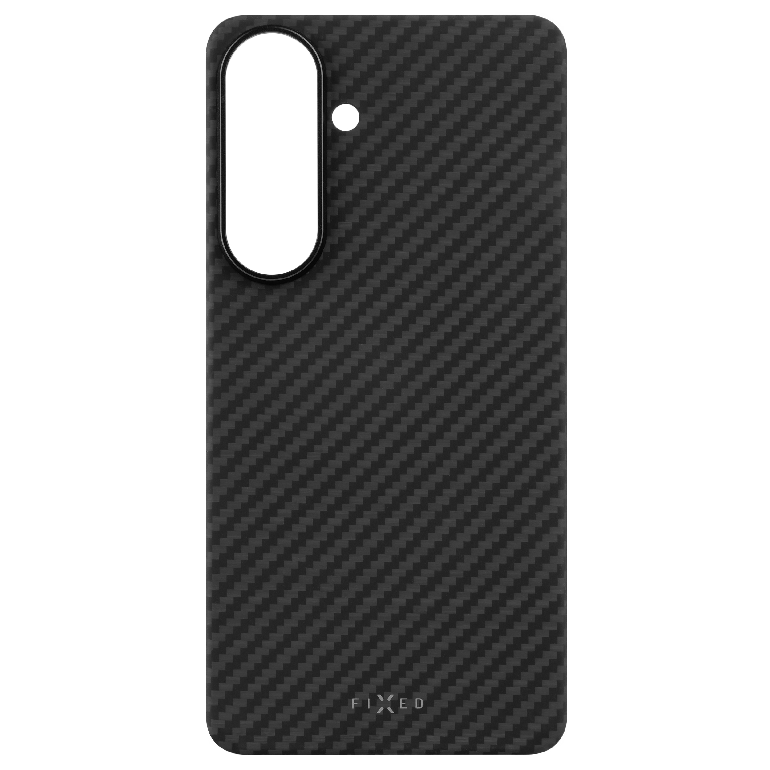 Schwarze Carbon-Schutzhülle für Smartphones mit Kameraaussparung und FIXED-Logo unten.