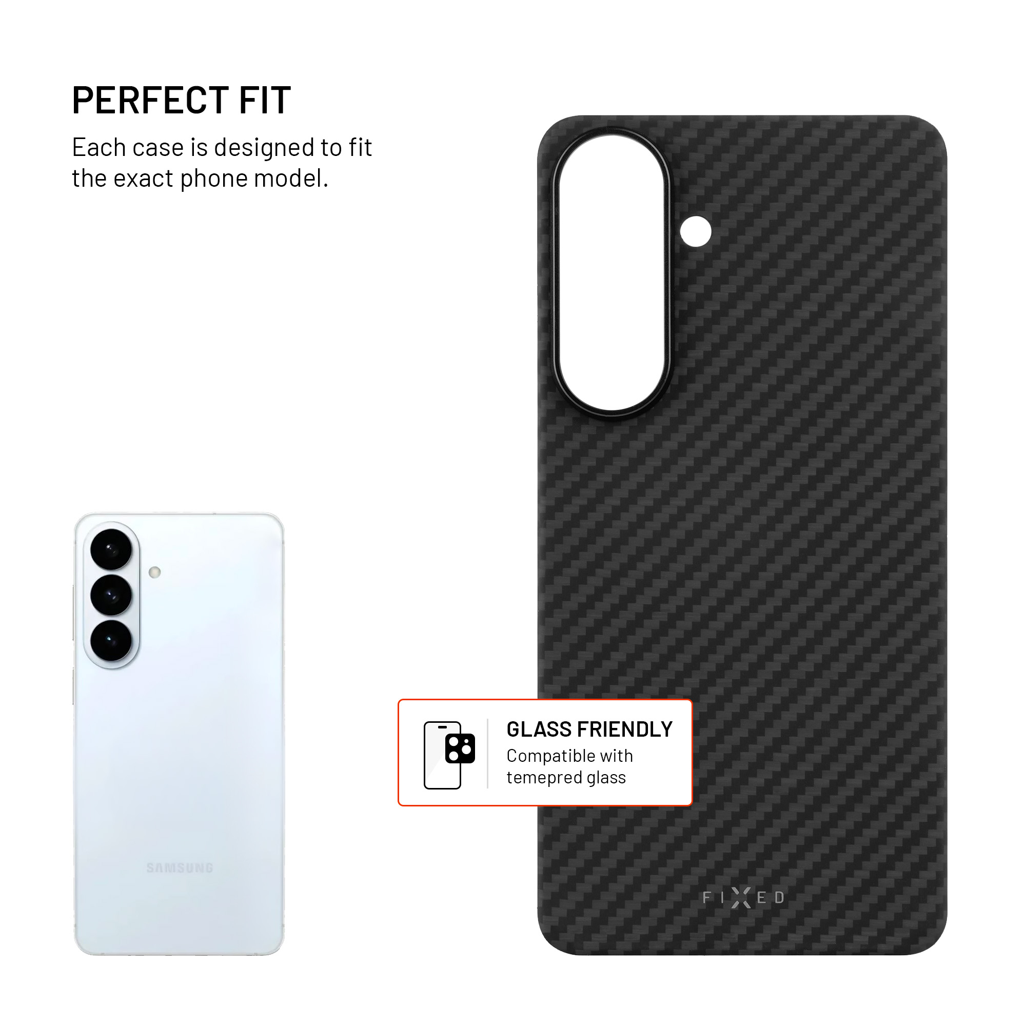 Schwarze Carbon-Schutzhülle neben weißem Samsung-Smartphone und Text zur Passform.