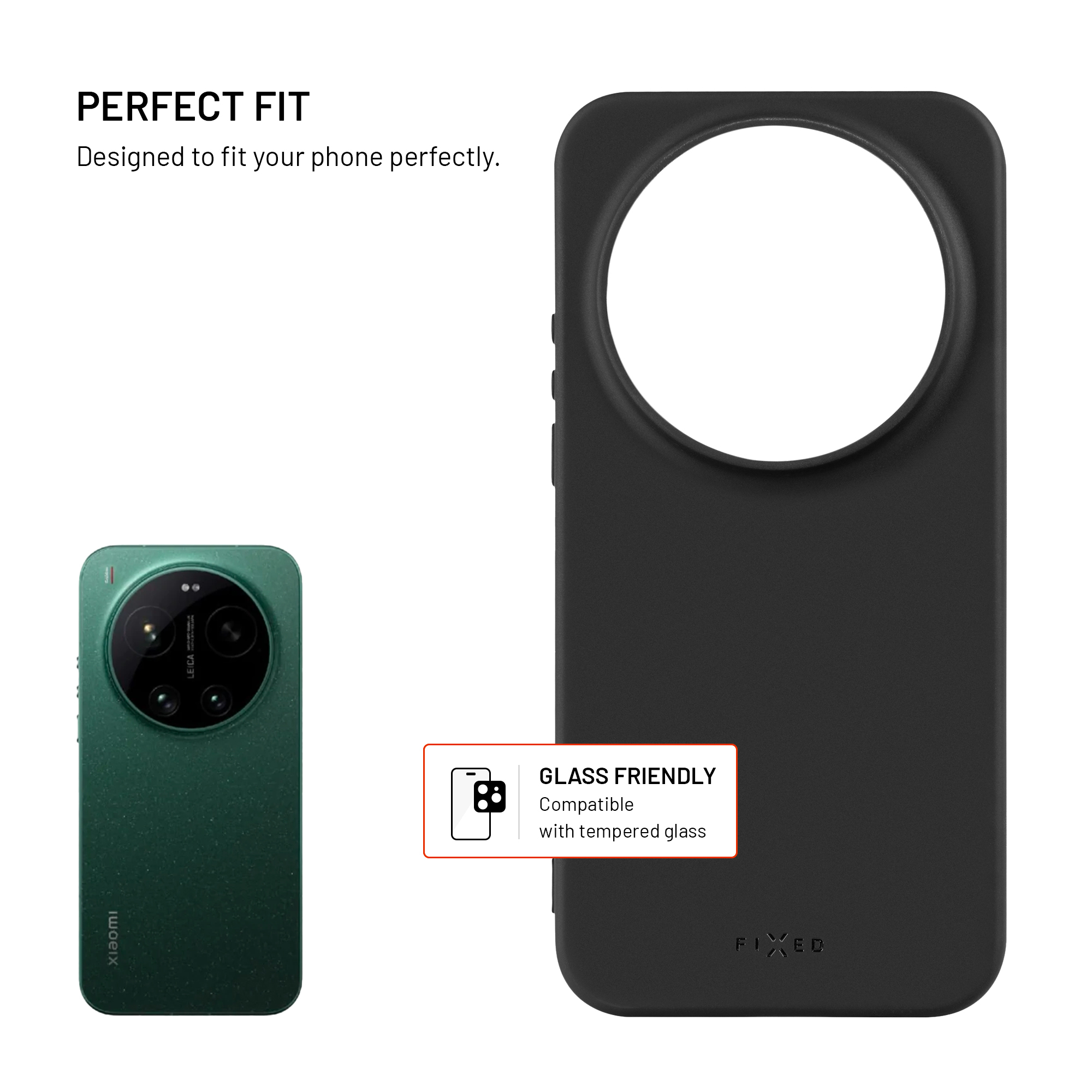 Eine schwarze Handytasche mit runder Kameraöffnung, neben einem grünen Smartphone und einem glasfreundlichen Label.