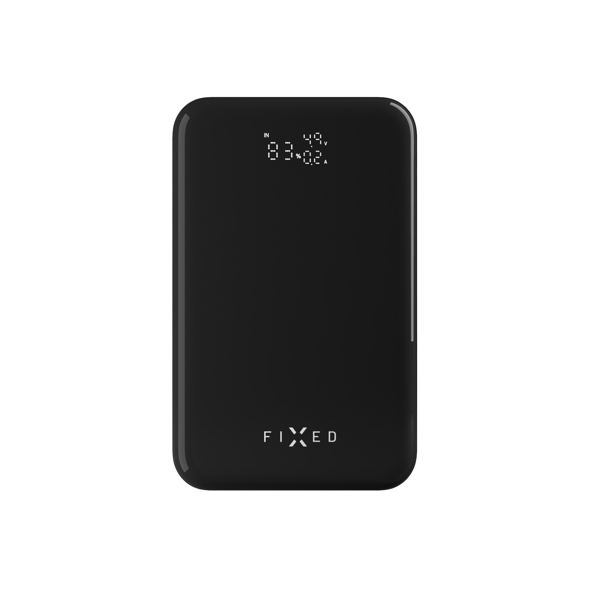 Eine schwarze Powerbank mit einem Digitaldisplay, das 83% Akku anzeigt, und dem FIXED-Logo unten vor weißem Hintergrund.
