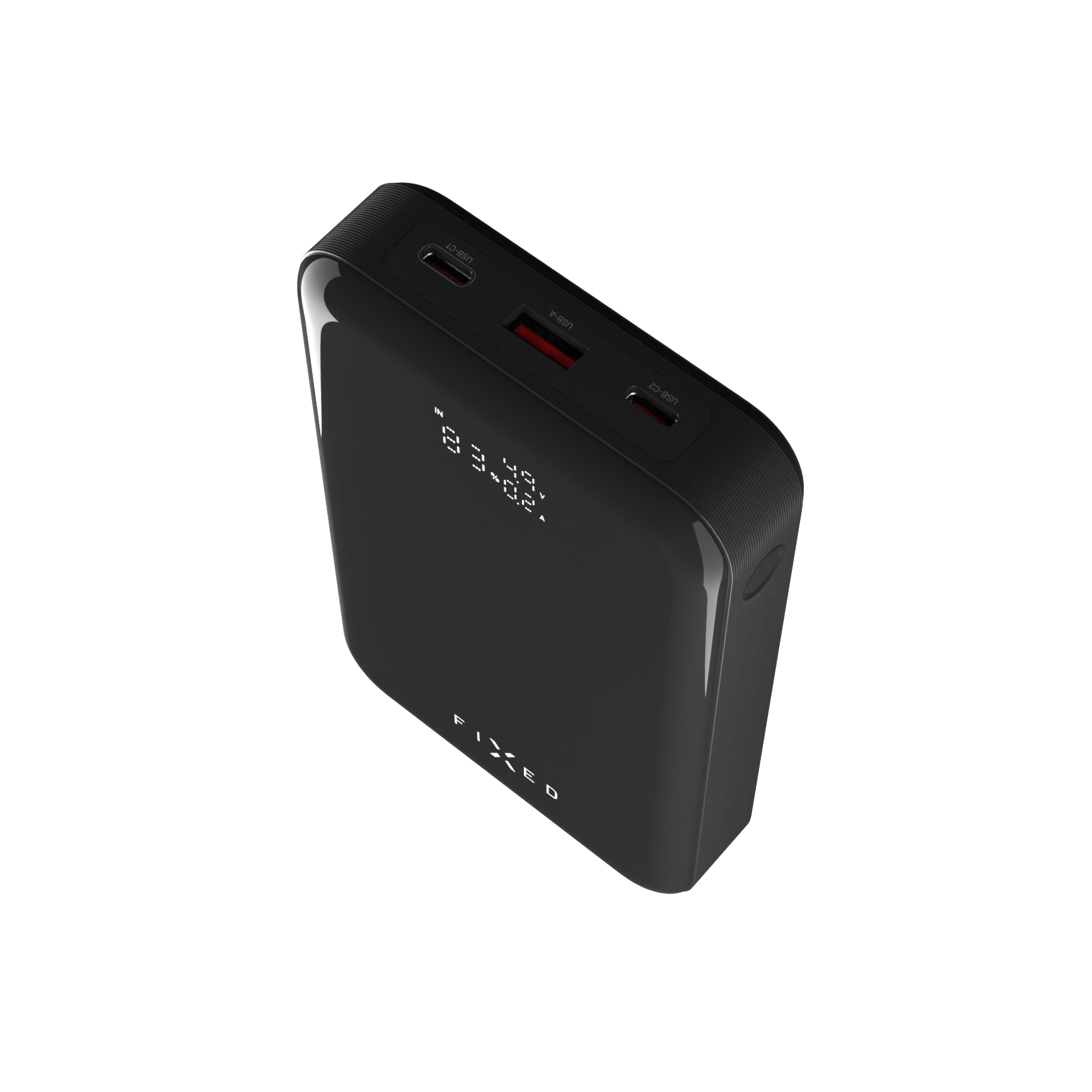 Schwarze Powerbank mit digitalem Display und drei USB-Anschlüssen oben.