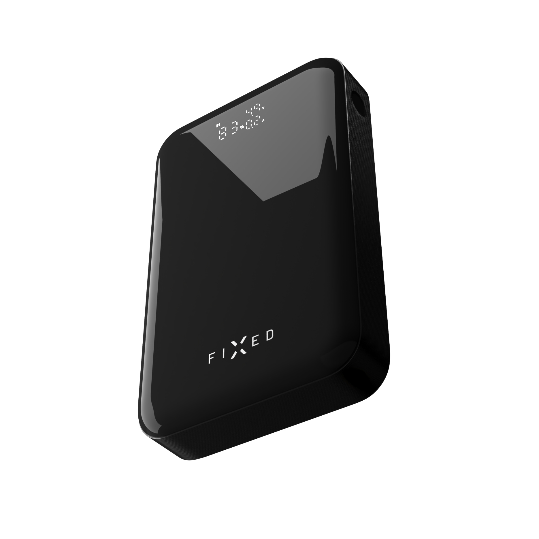 Schwarze Powerbank mit digitalem Display und weißem FIXD-Logo auf weißem Hintergrund.