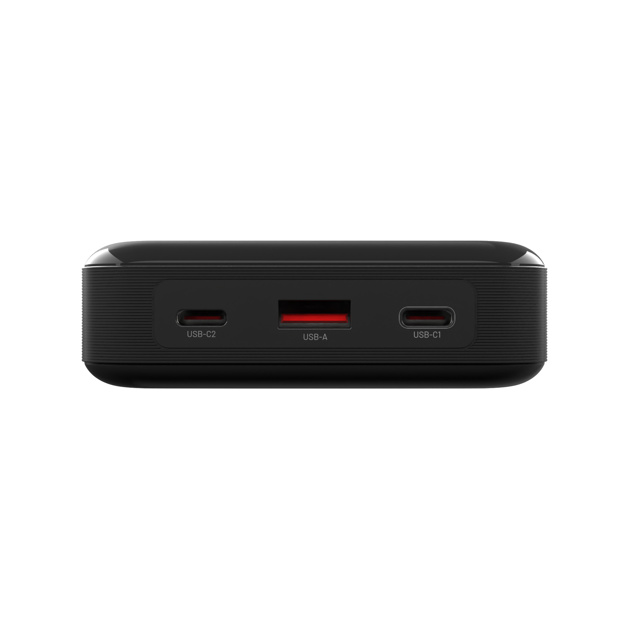 Schwarze Powerbank mit zwei USB-C-Anschlüssen und einem USB-A-Anschluss auf der Vorderseite.