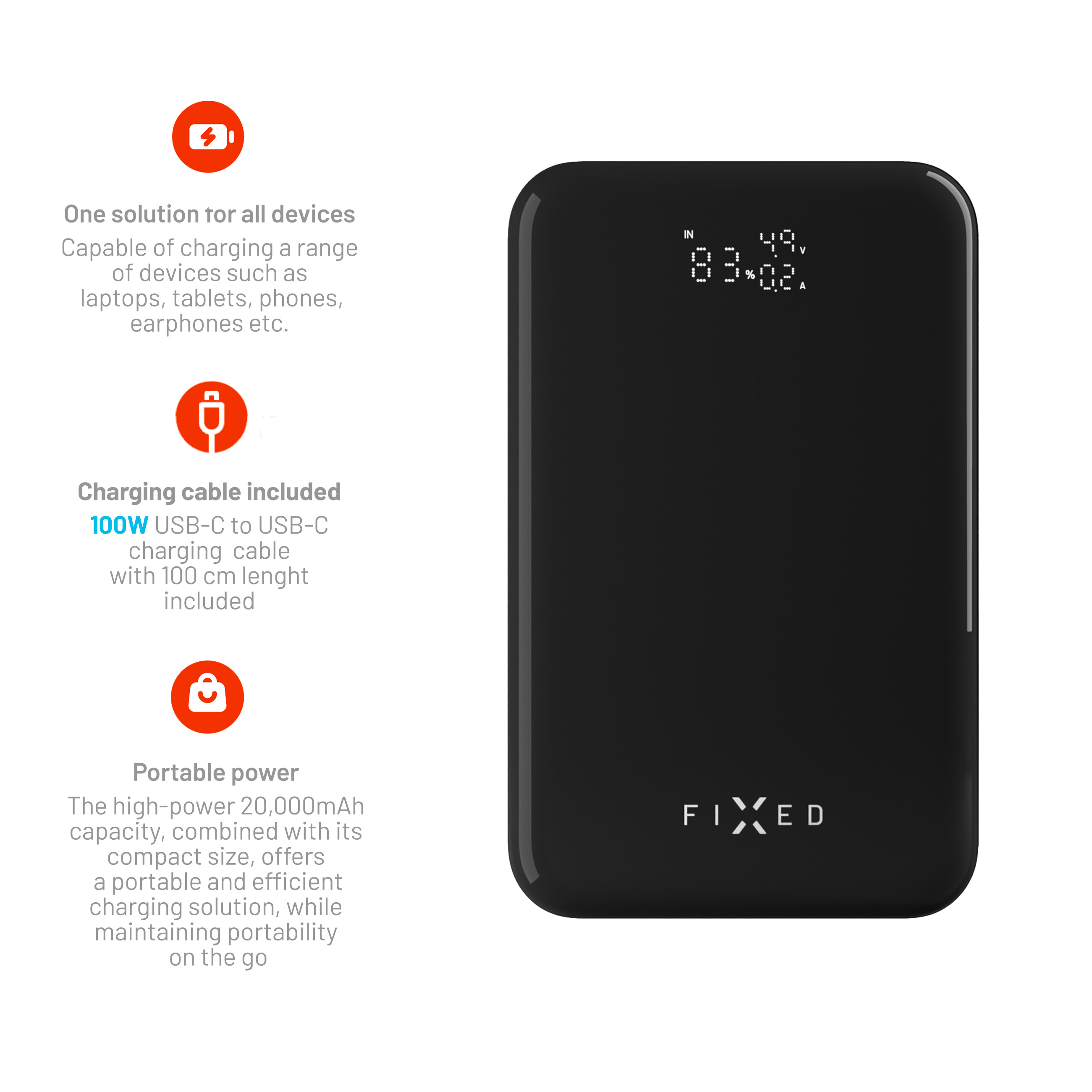 Schwarze Fixed Powerbank mit LED-Anzeige und Features wie Universalladung und Kabel.