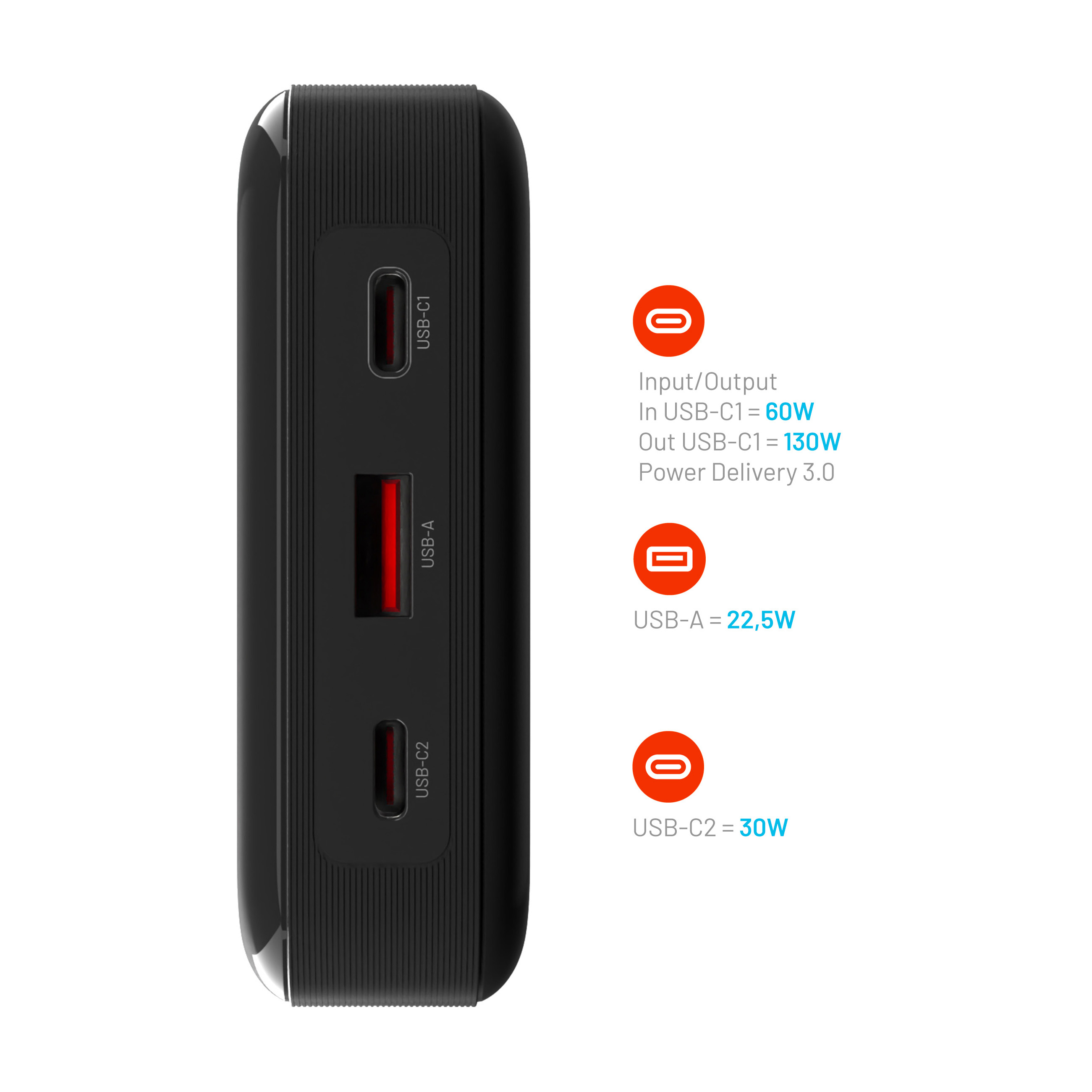 Eine schwarze Powerbank mit drei Anschlüssen und Leistungsangaben auf der rechten Seite.