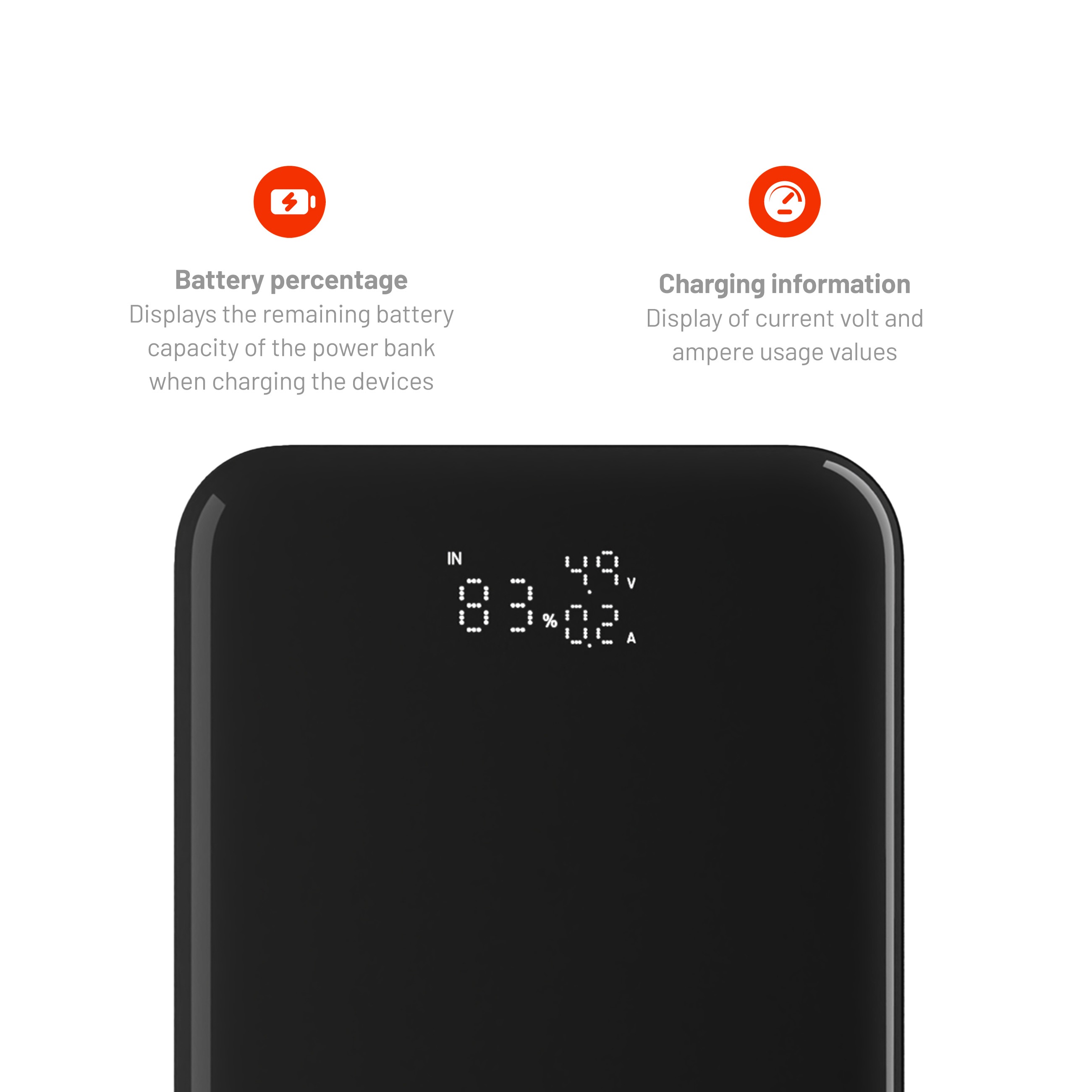 Diagramm zeigt Powerbank-Funktionen: Batterieprozentsatz und Ladeinformationen mit digitaler Anzeige.