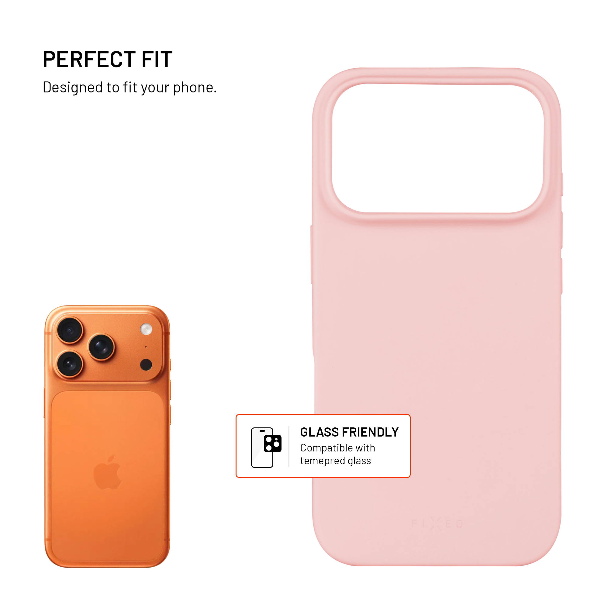 Ein orangefarbenes Smartphone neben einer rosa Schutzhülle mit den Texten 'Perfekte Passform' und 'Glasfreundlich'.