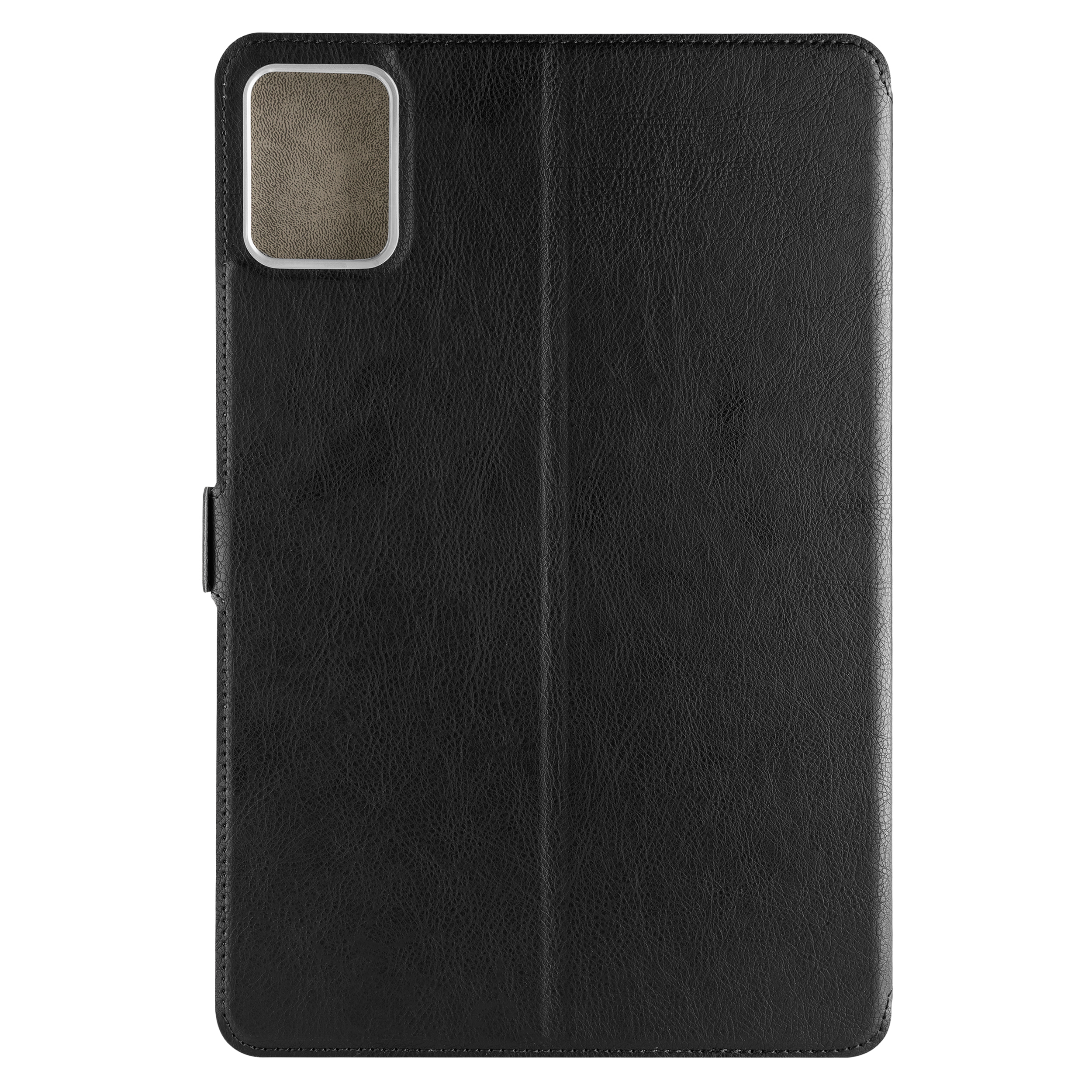 Schwarze Ledertasche für Tablets mit Kameraausschnitt.
