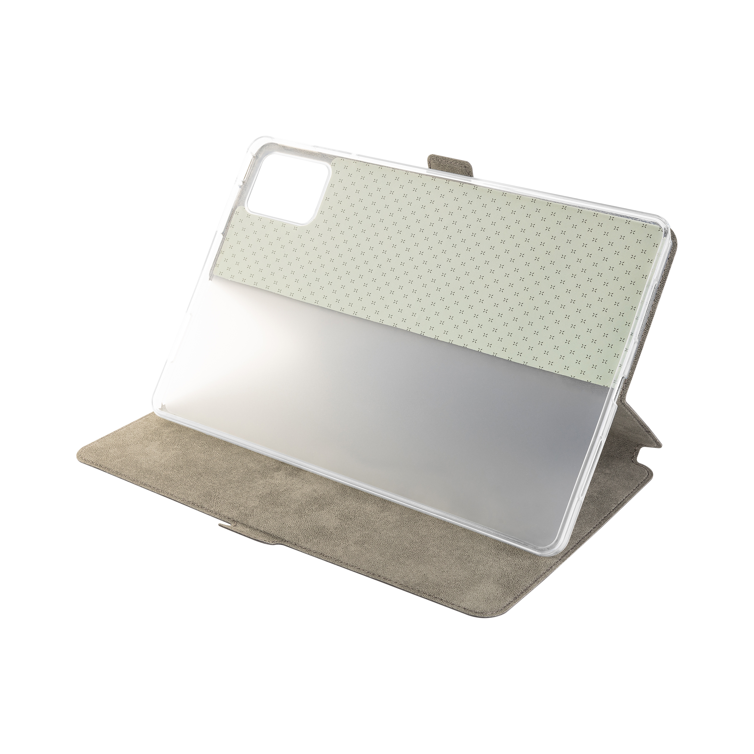 Ein grauer Tablet-Ständer mit gemusterter Innenseite auf weißem Hintergrund.