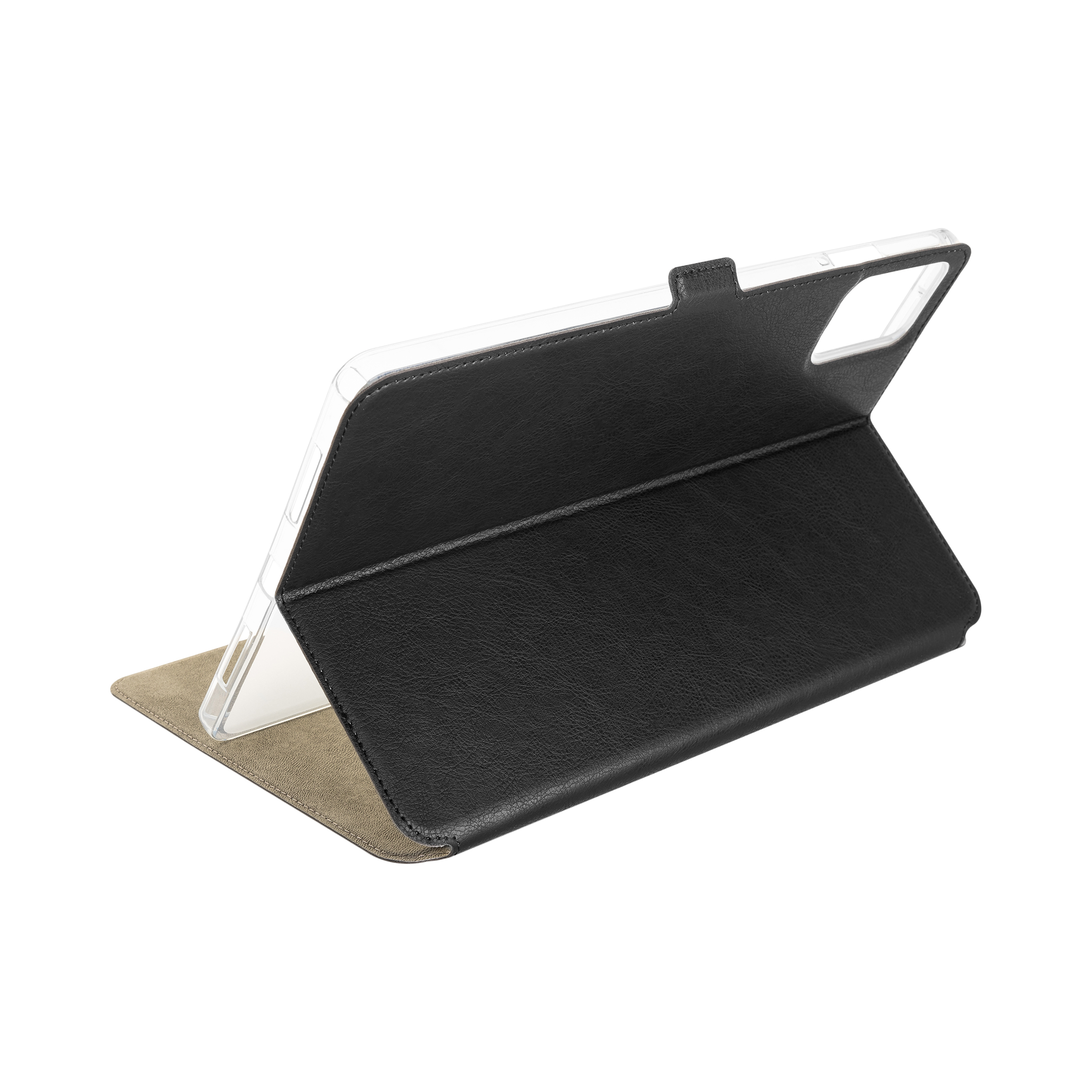 Eine schwarze Tablettenhülle aus Leder mit Standfunktion, strukturierter Rückseite und weichem Innenfutter auf weißem Grund.