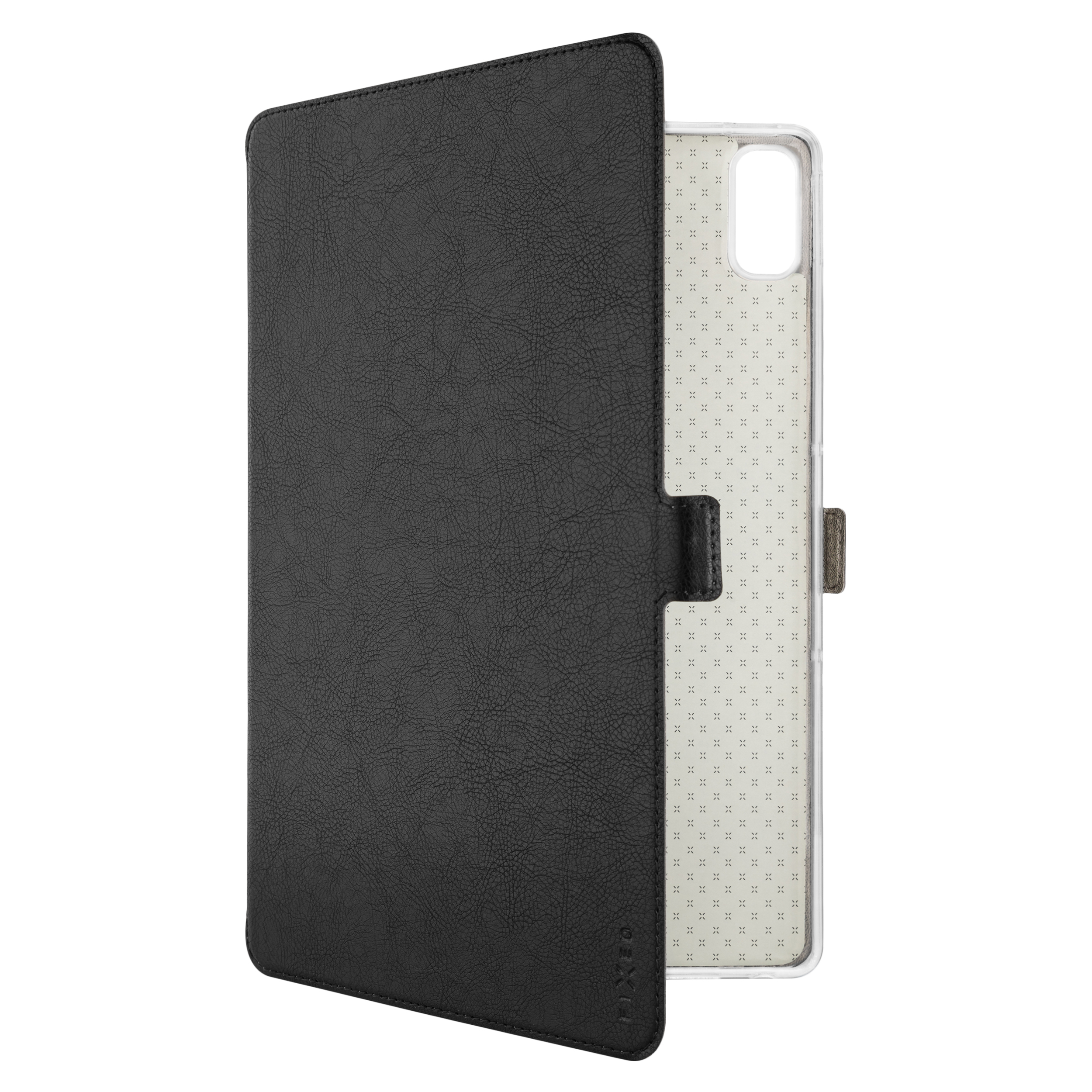 Fundas para tablet de cuero negro con cierre magnético y carcasa interior transparente con patrón.
