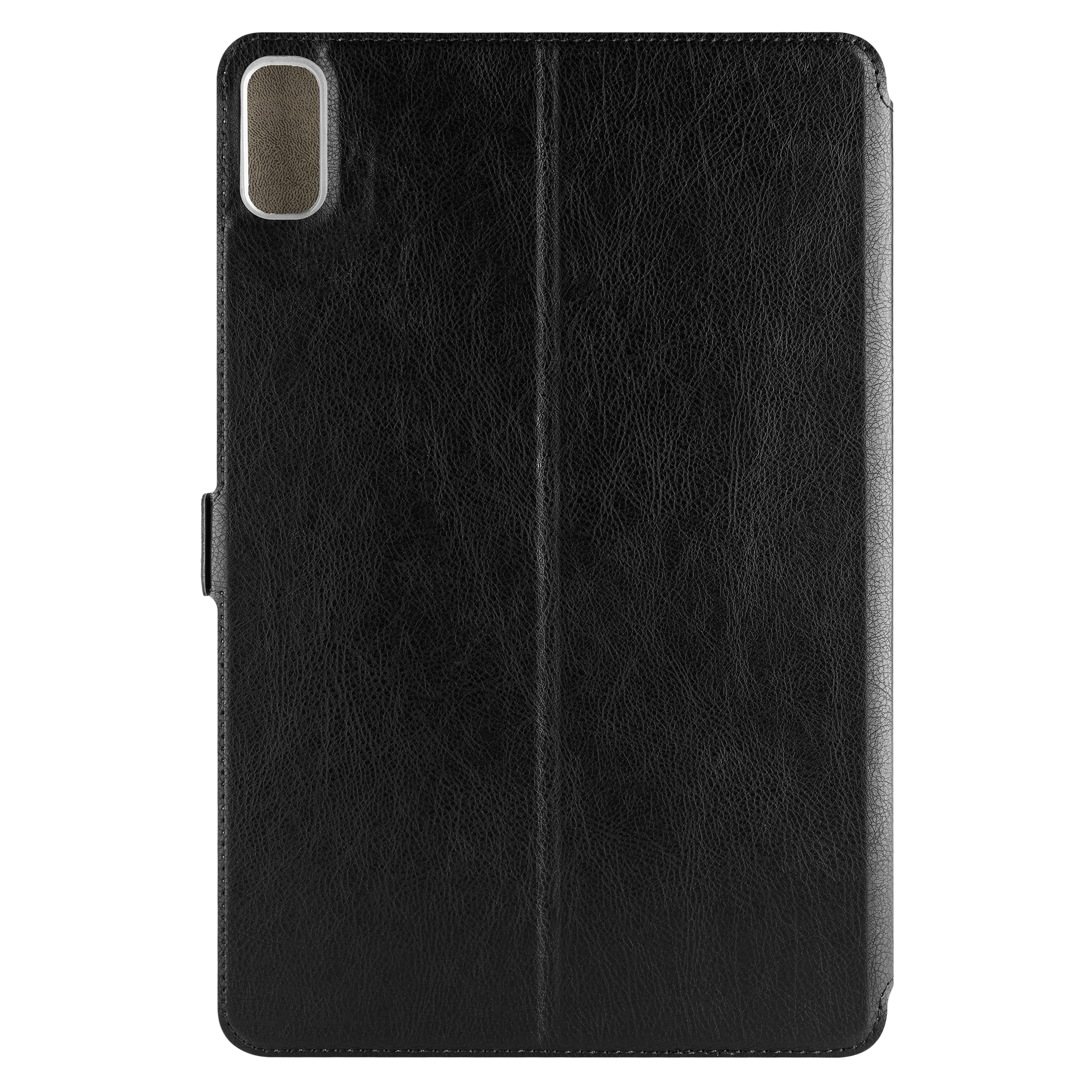 Una funda de piel negra para tablet con un pliegue vertical y recorte de cámara arriba a la izquierda.