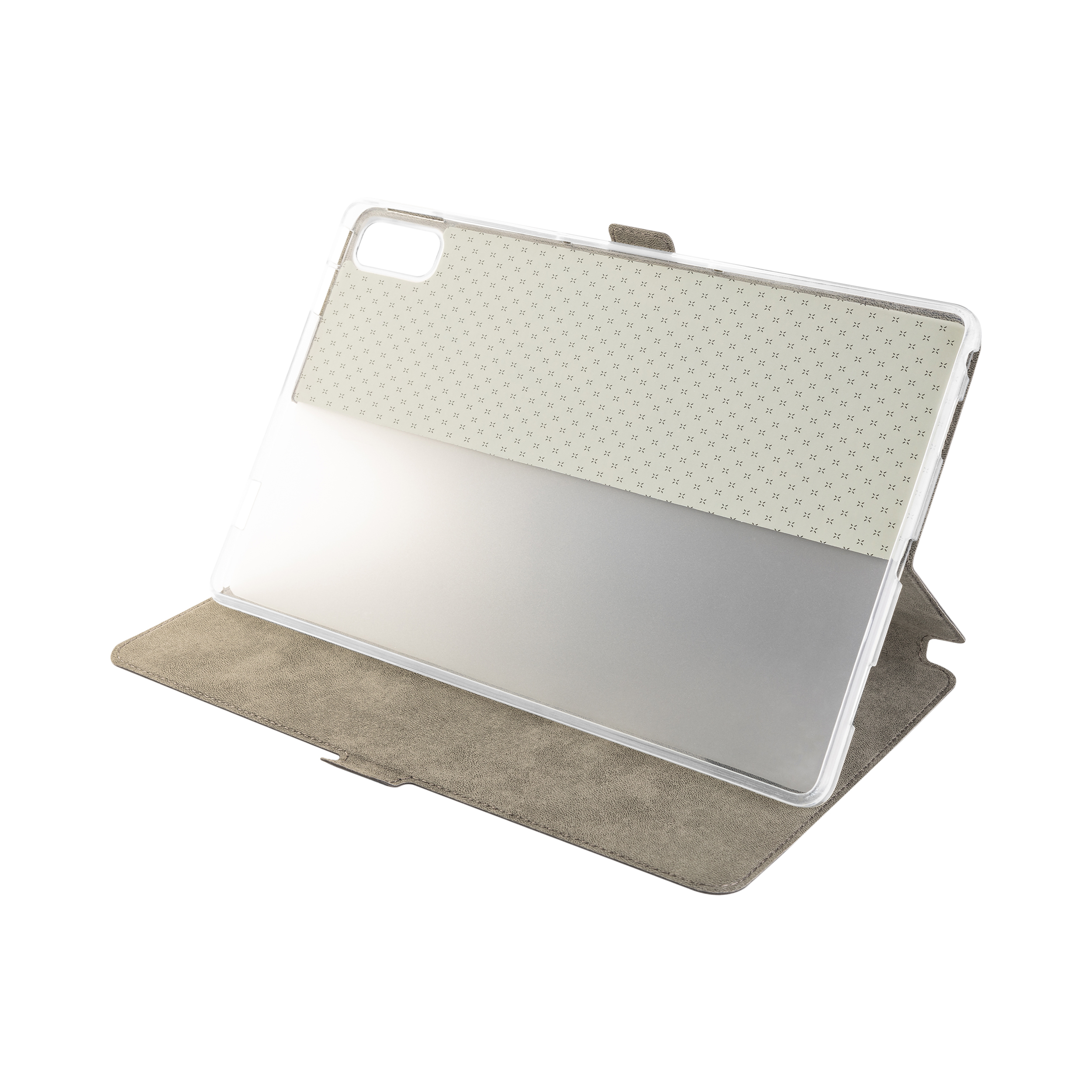 Una funda gris para tablet con soporte transparente e interior estampado, sobre fondo blanco.