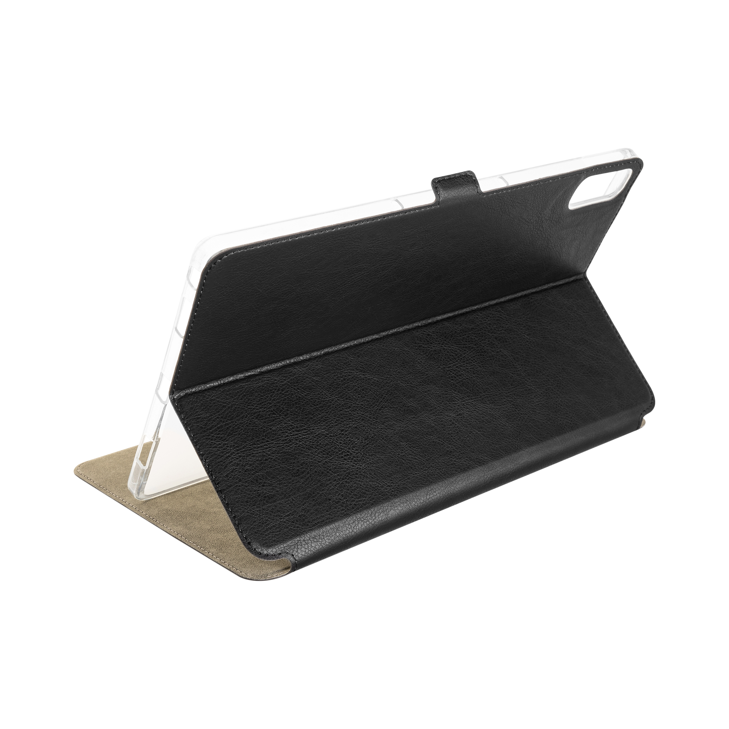 Funda plegable negra para tablet colocada como soporte sobre fondo blanco.