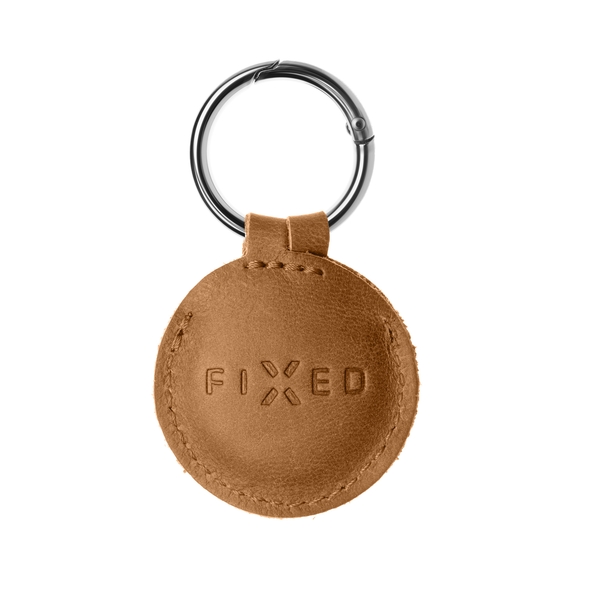 Ein brauner runder Leder-Schlüsselanhänger mit silbernem Ring und der Aufschrift FIXED.