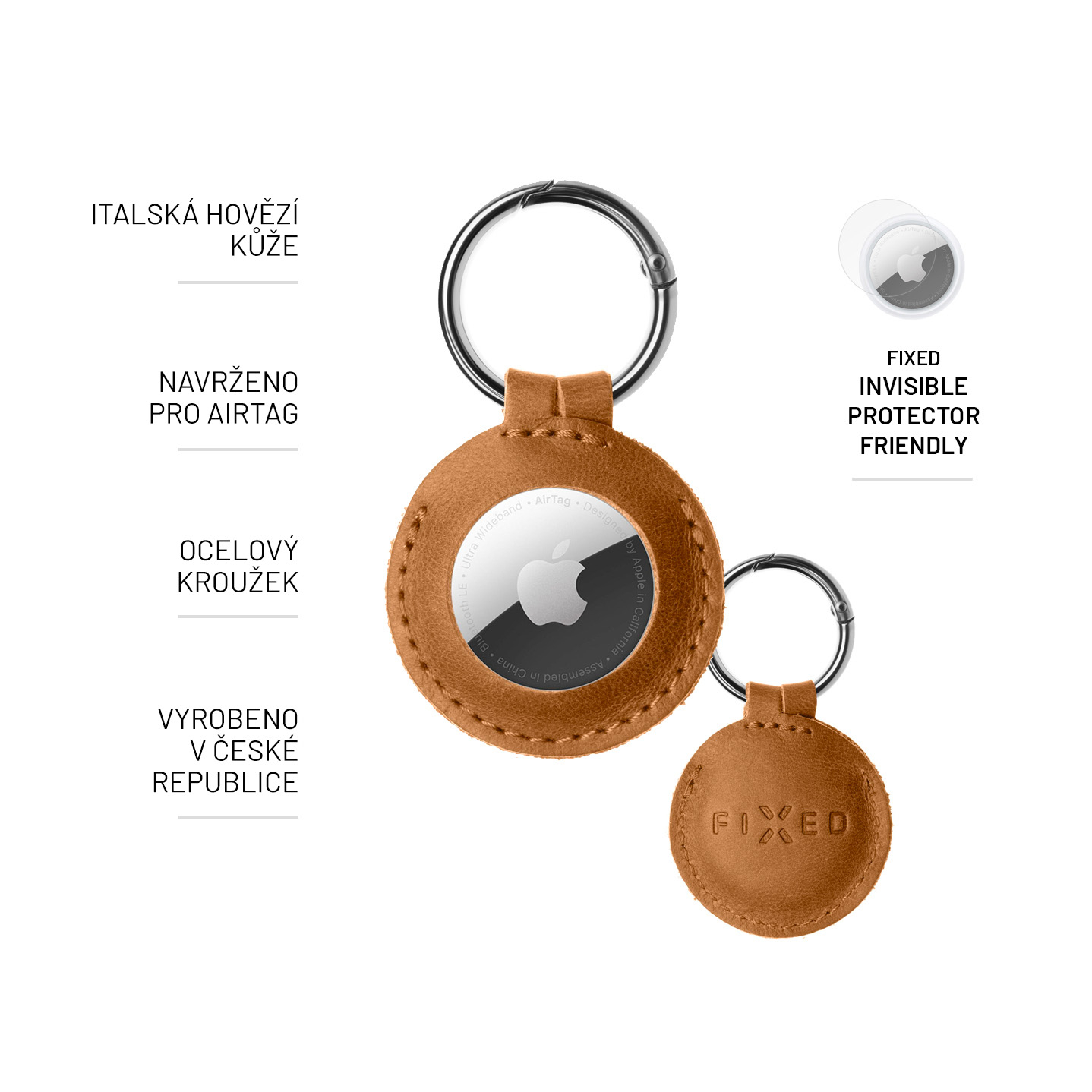 Brauner Leder-Schlüsselanhänger für AirTag mit Metallring und Erklärungen in tschechischer Sprache.
