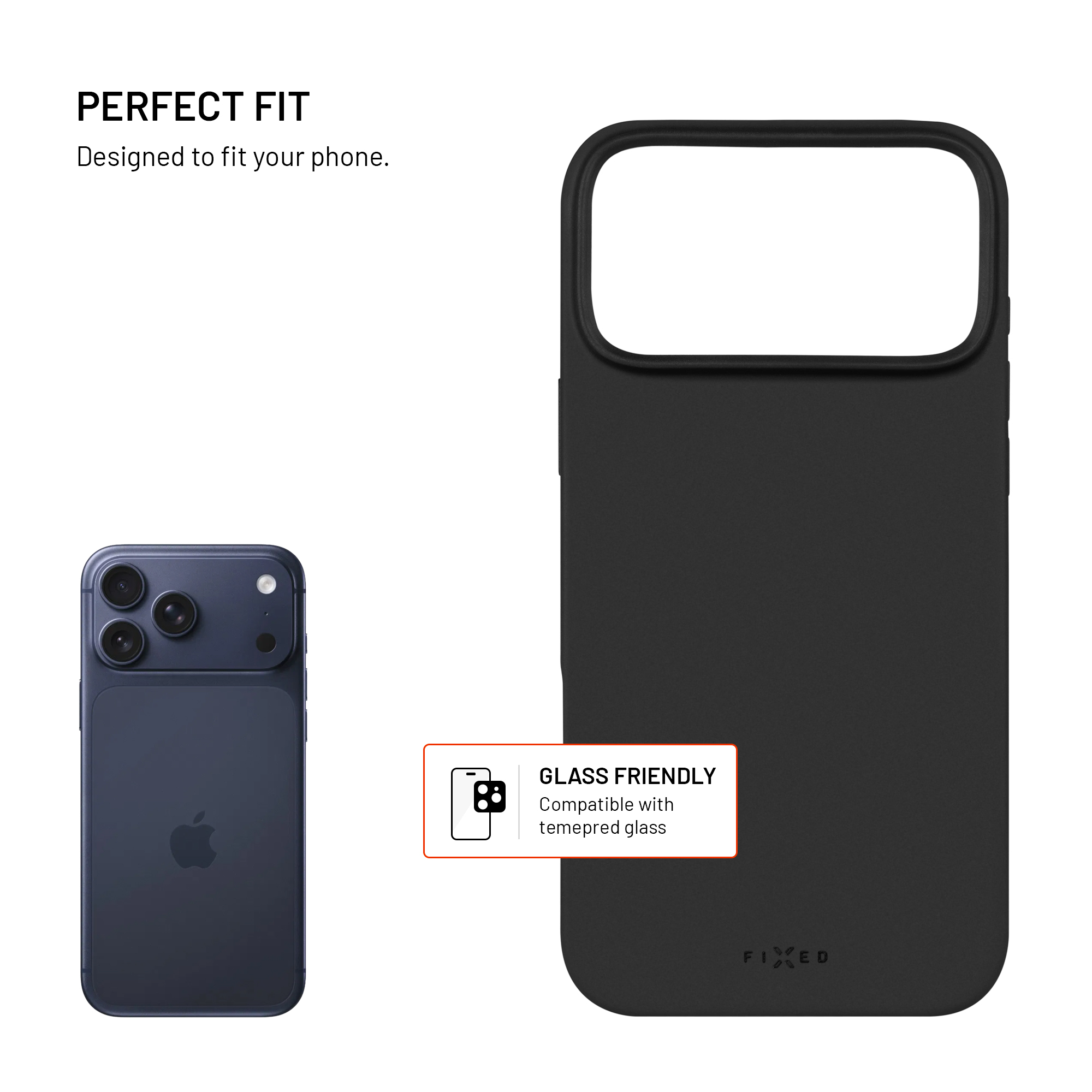 Schwarze Handyhülle neben einem Smartphone, Text: Perfect Fit, Glass Friendly.