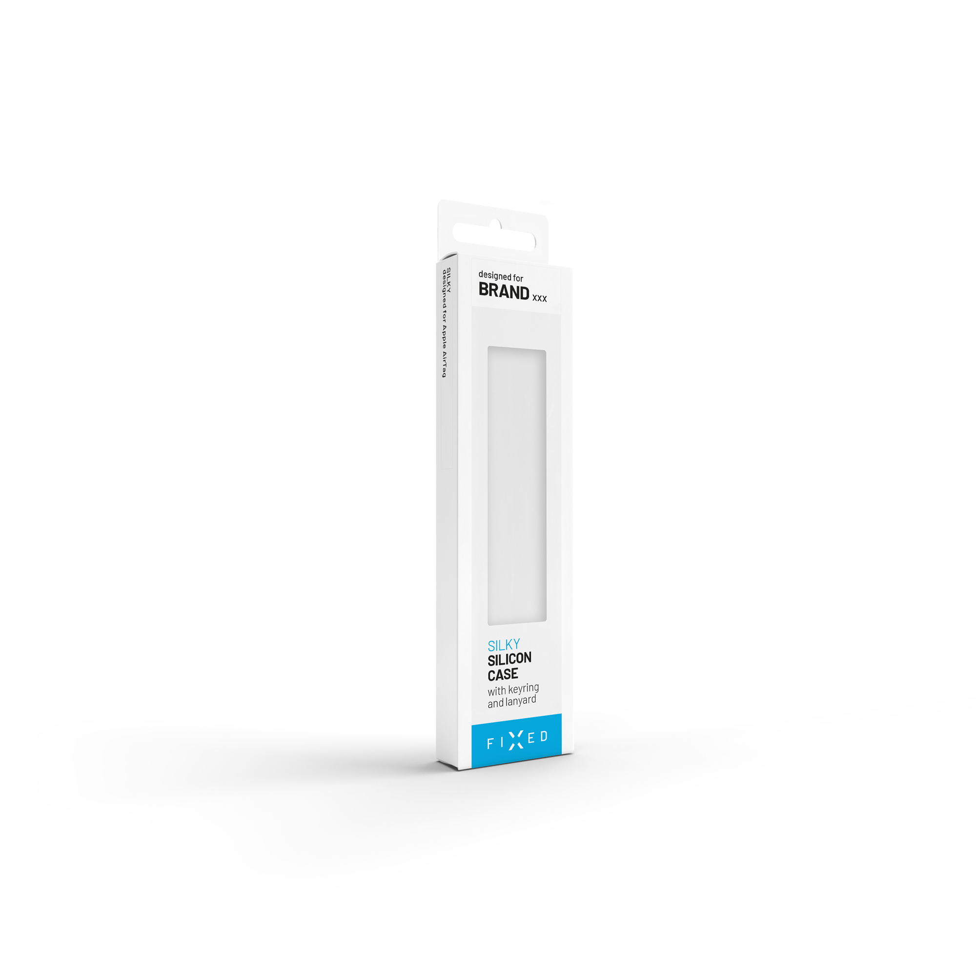 Weiße Produktbox für ein seidiges Silikonetui mit blauen Akzenten, auf weißem Hintergrund.