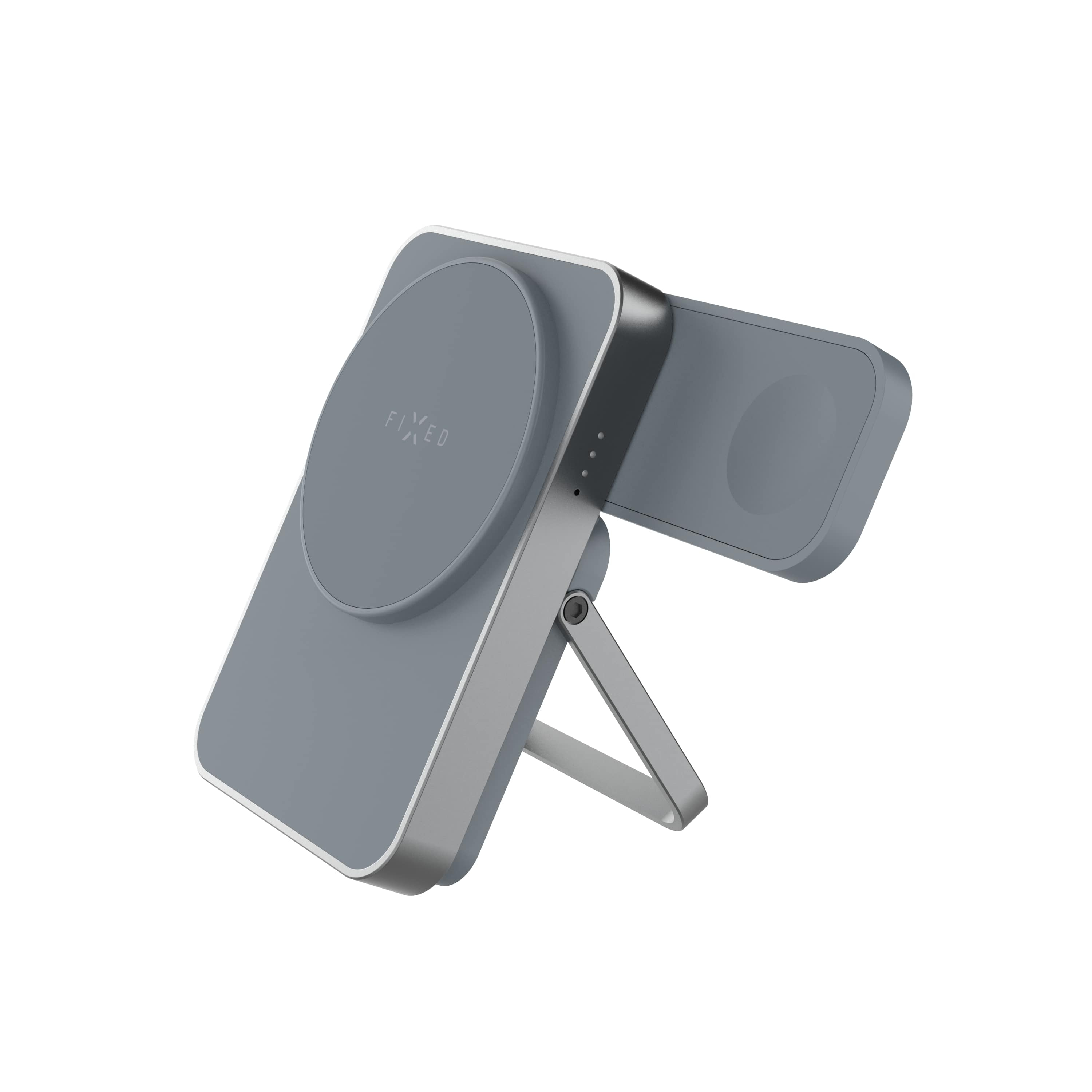 Un caricatore wireless pieghevole grigio con bordo argento e supporto su sfondo bianco.