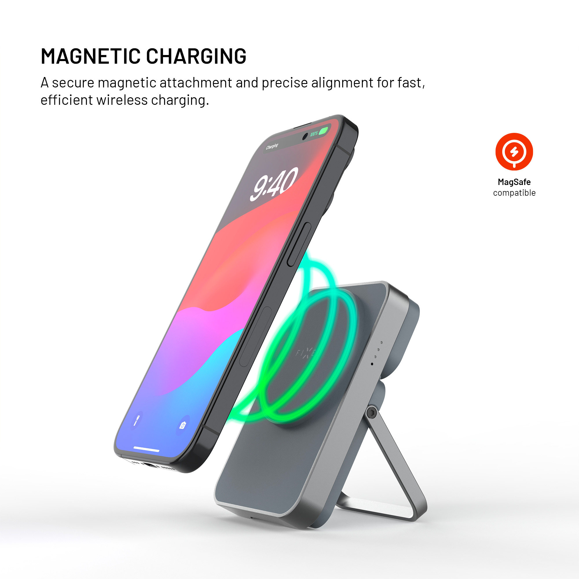 Uno smartphone si ricarica in modalità wireless su un supporto magnetico grigio con un effetto luminoso verde.