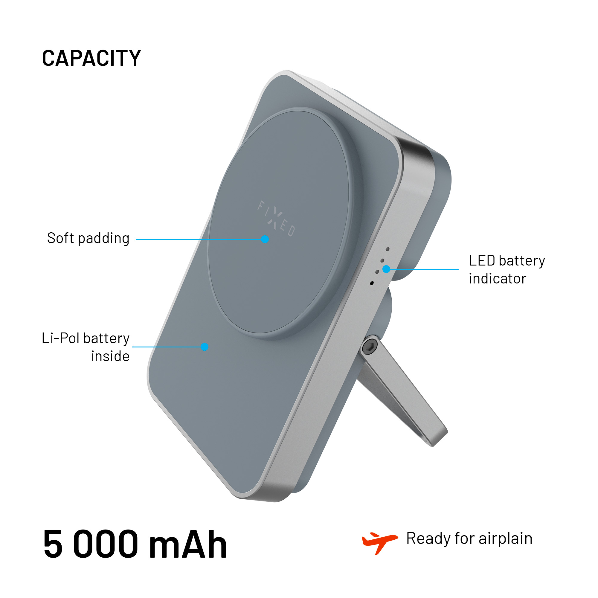 Power bank grigio da 5000 mAh con supporto, indicatore LED ed etichette per imbottitura e batteria.