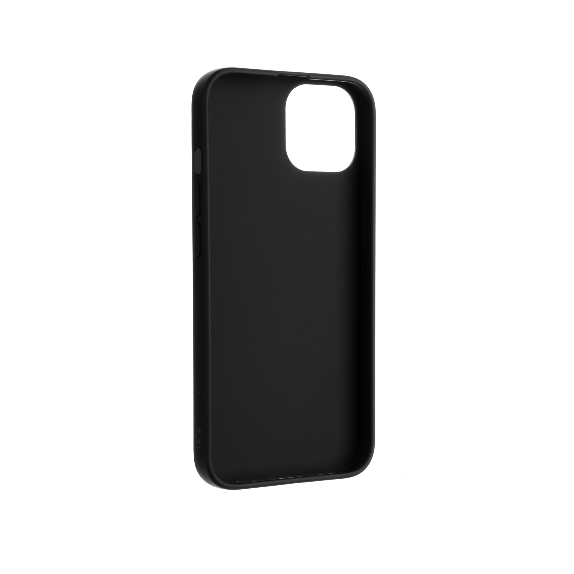 Eine schwarze Smartphone-Hülle mit quadratischem Kameraausschnitt oben rechts, auf weißem Hintergrund.