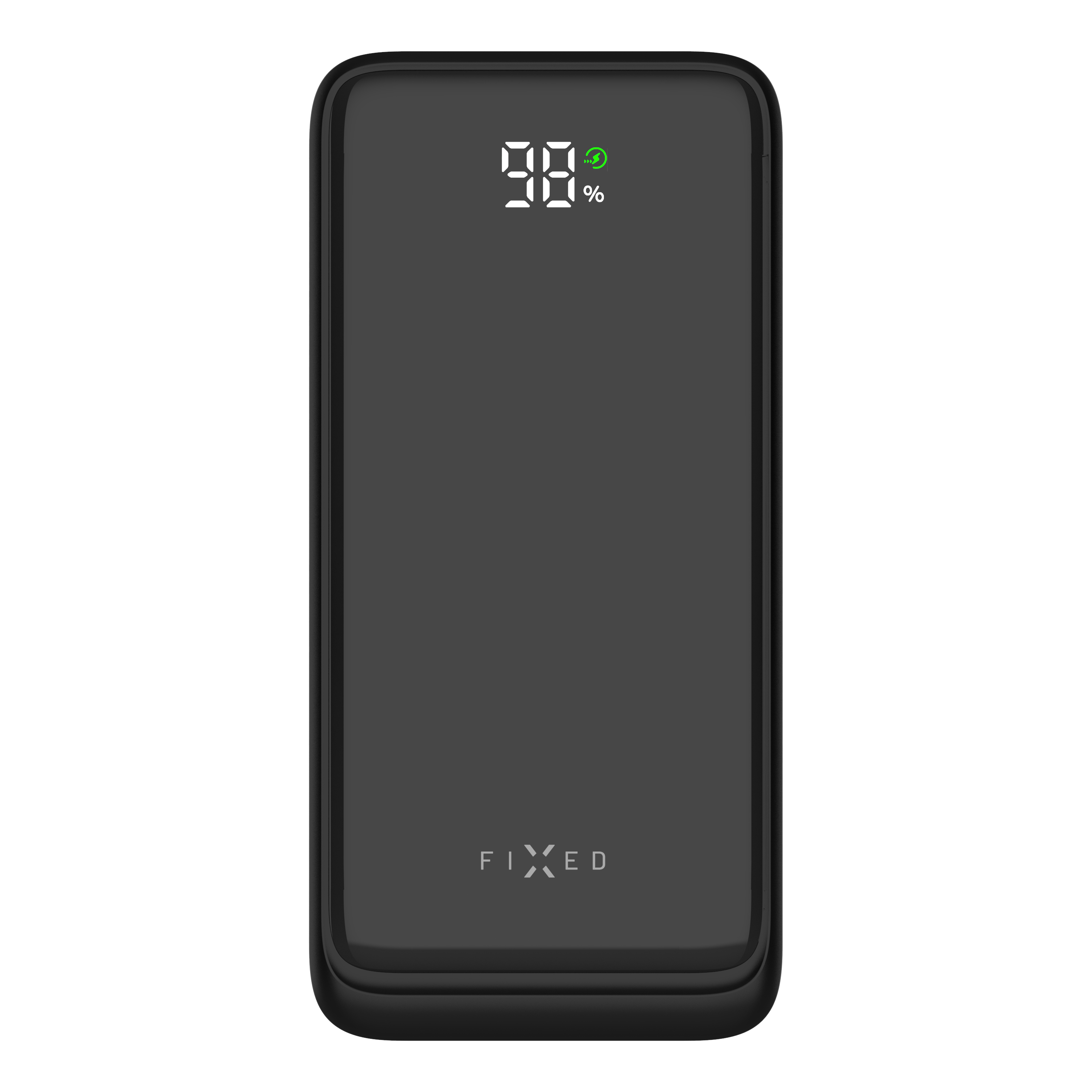 Eine schwarze Powerbank mit digitaler LED-Anzeige zeigt 98% und ein grünes Ladesymbol an, mit der Aufschrift FIXED unten.