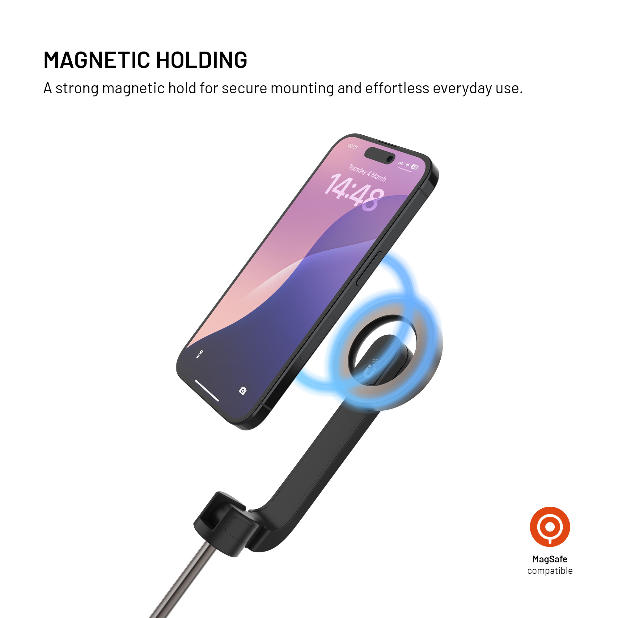 Ein Smartphone schwebt magnetisch an einer Halterung mit blauen Lichtringen, Text oben und MagSafe-Symbol unten rechts.