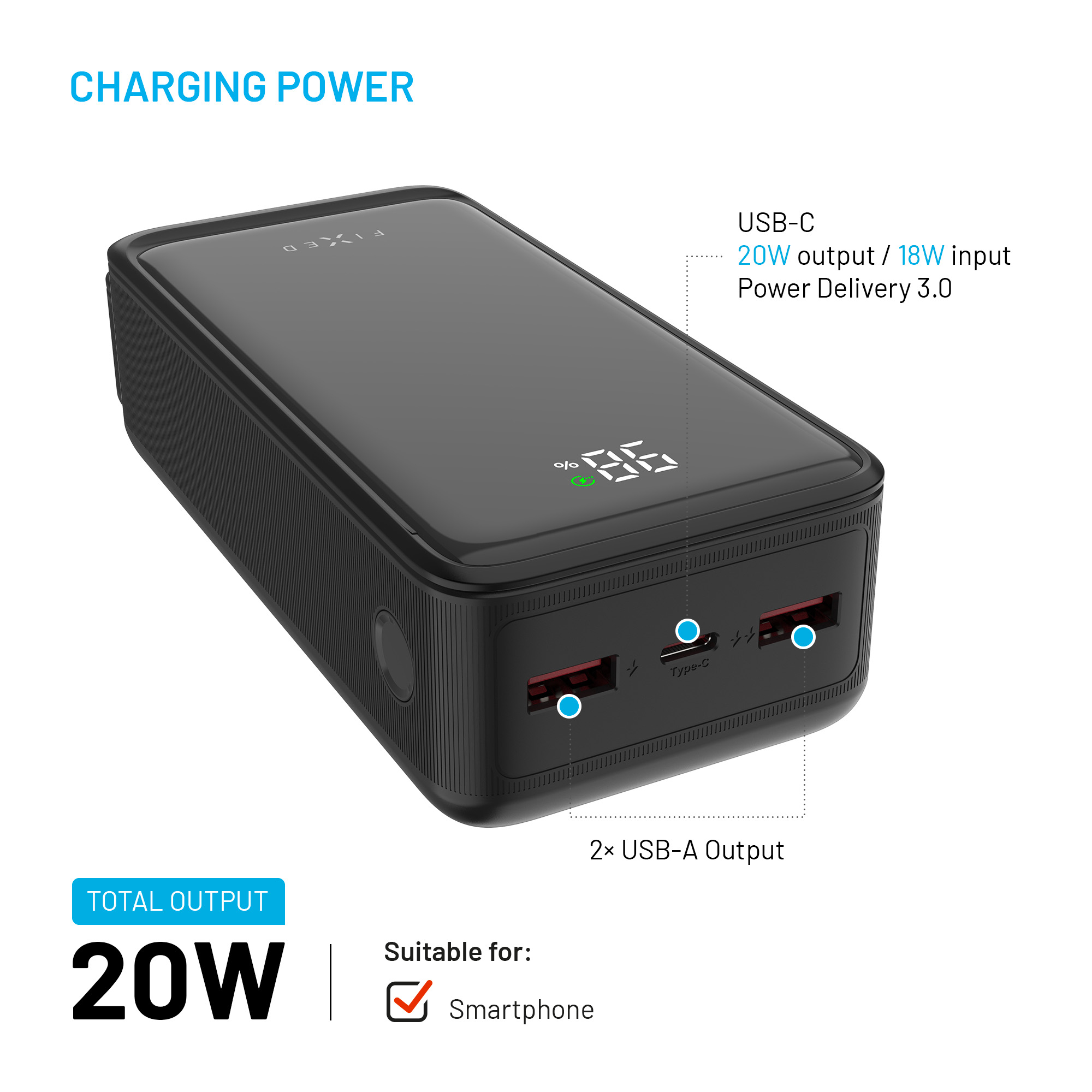 Schwarze Powerbank mit digitalem Display, zwei USB-A-Ausgängen und einem USB-C-Anschluss mit Beschriftungen.