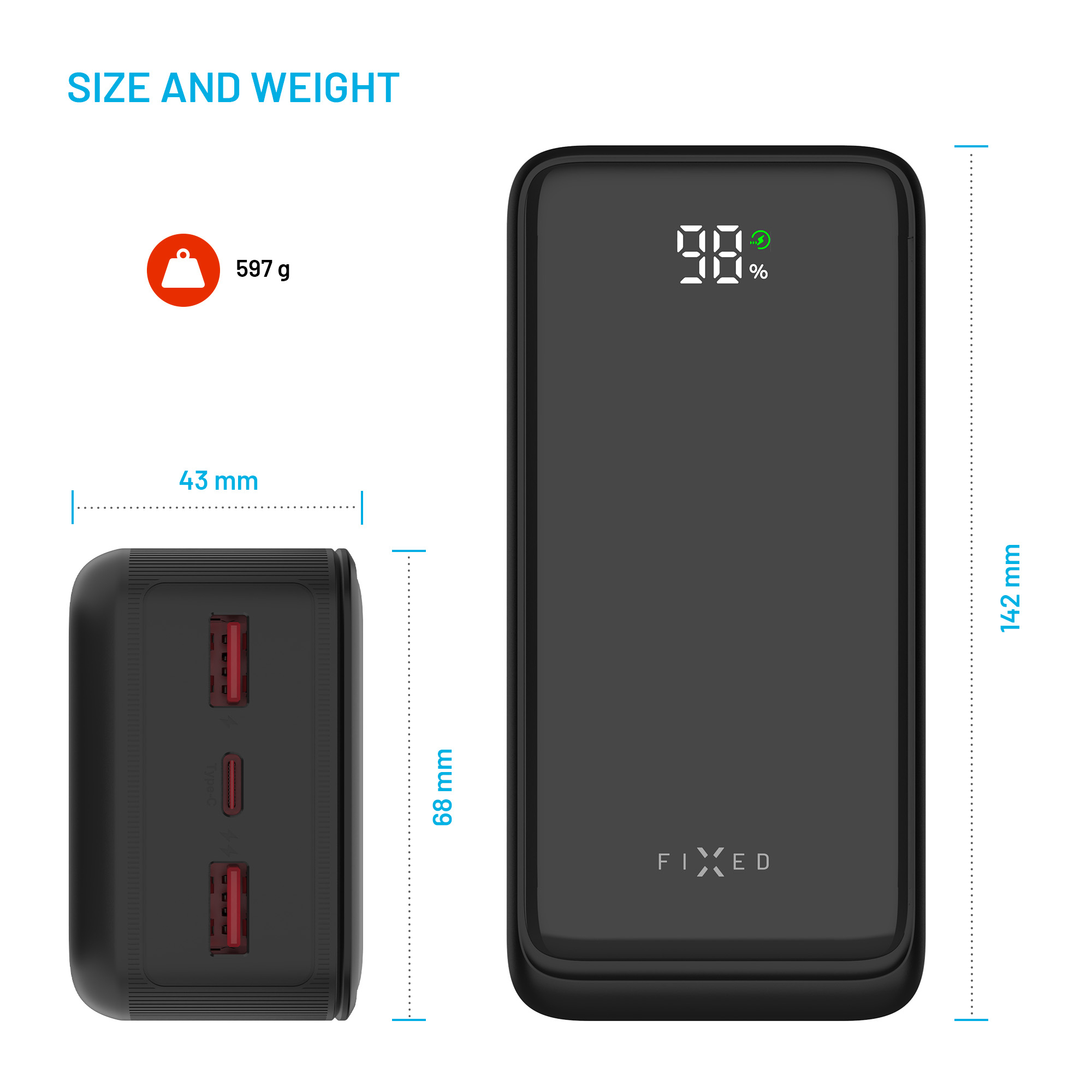 Diagramm zeigt Größe und Gewicht einer schwarzen Powerbank, Höhe 142mm, Gewicht 597g.