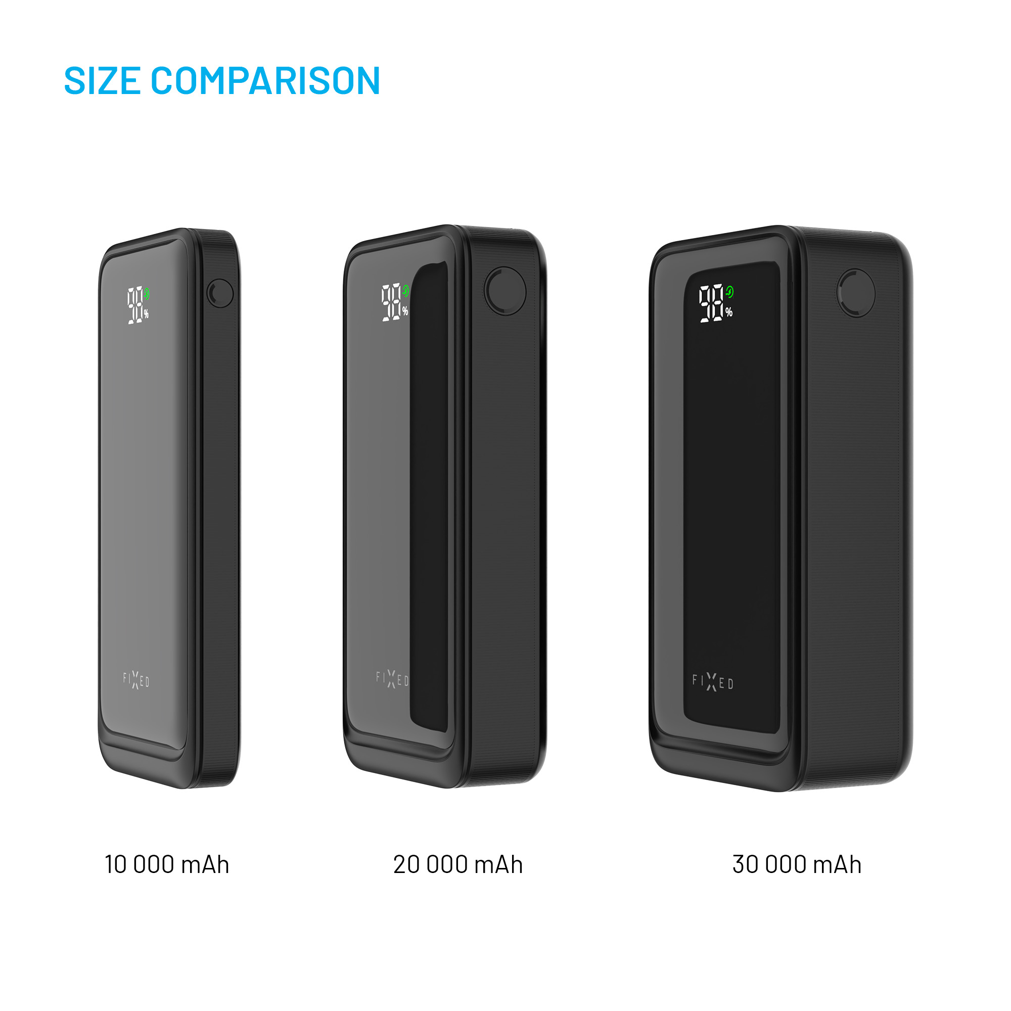 Größenvergleich von drei schwarzen Powerbanks mit Digitalanzeige, 10000 mAh, 20000 mAh und 30000 mAh.