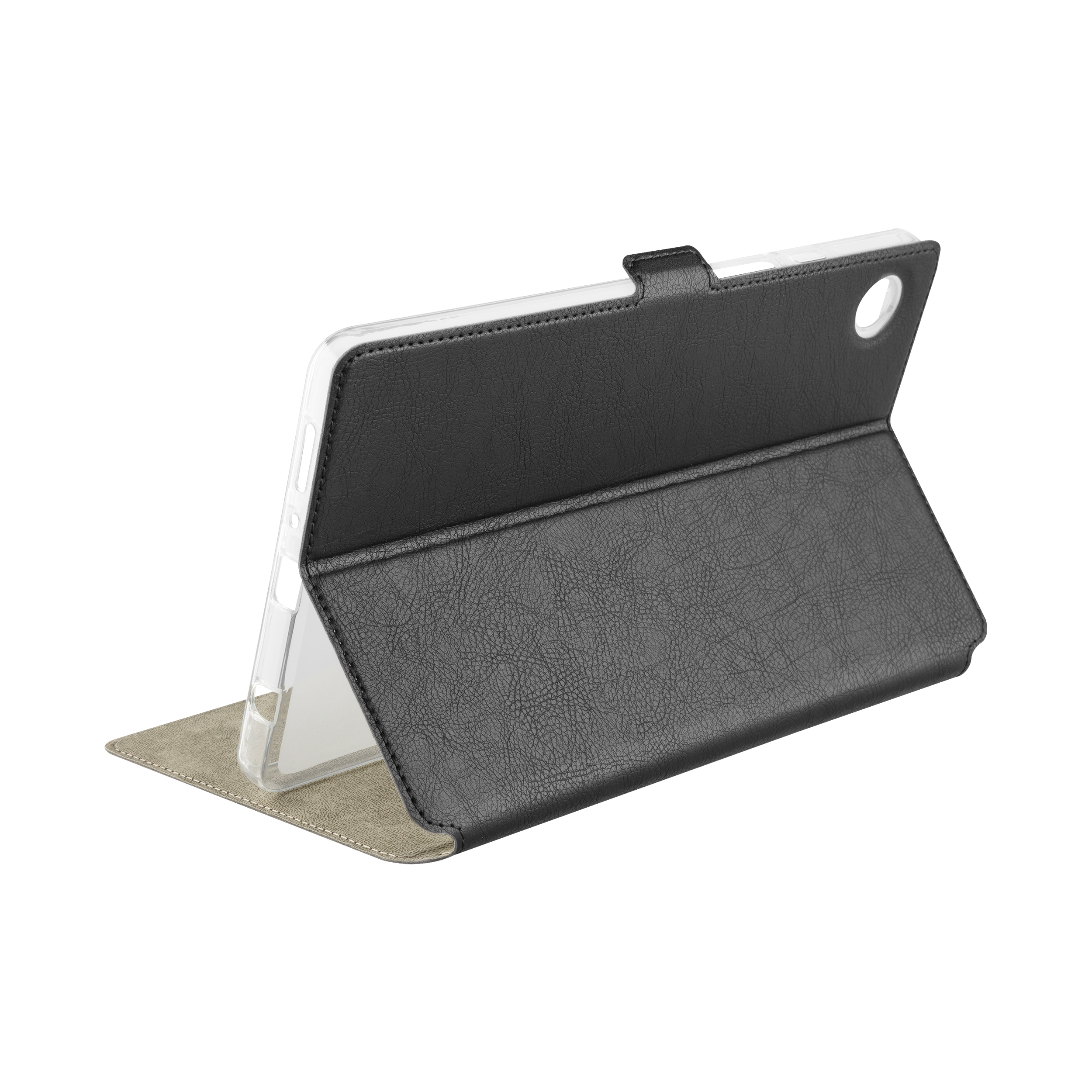 Una funda plegable de cuero negro para tablet con marco transparente se apoya en fondo blanco.