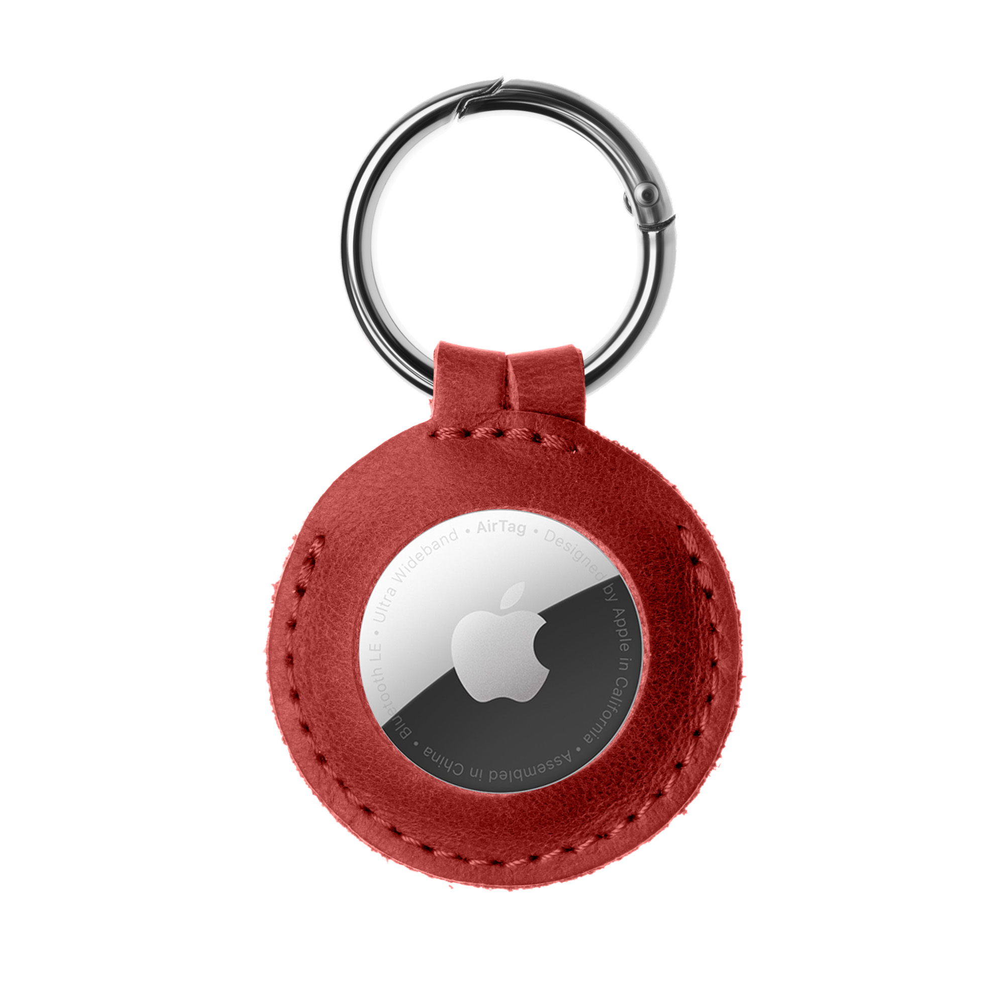 Ein roter Leder-Schlüsselanhänger mit integriertem Apple AirTag und einem silbernen Metallring.