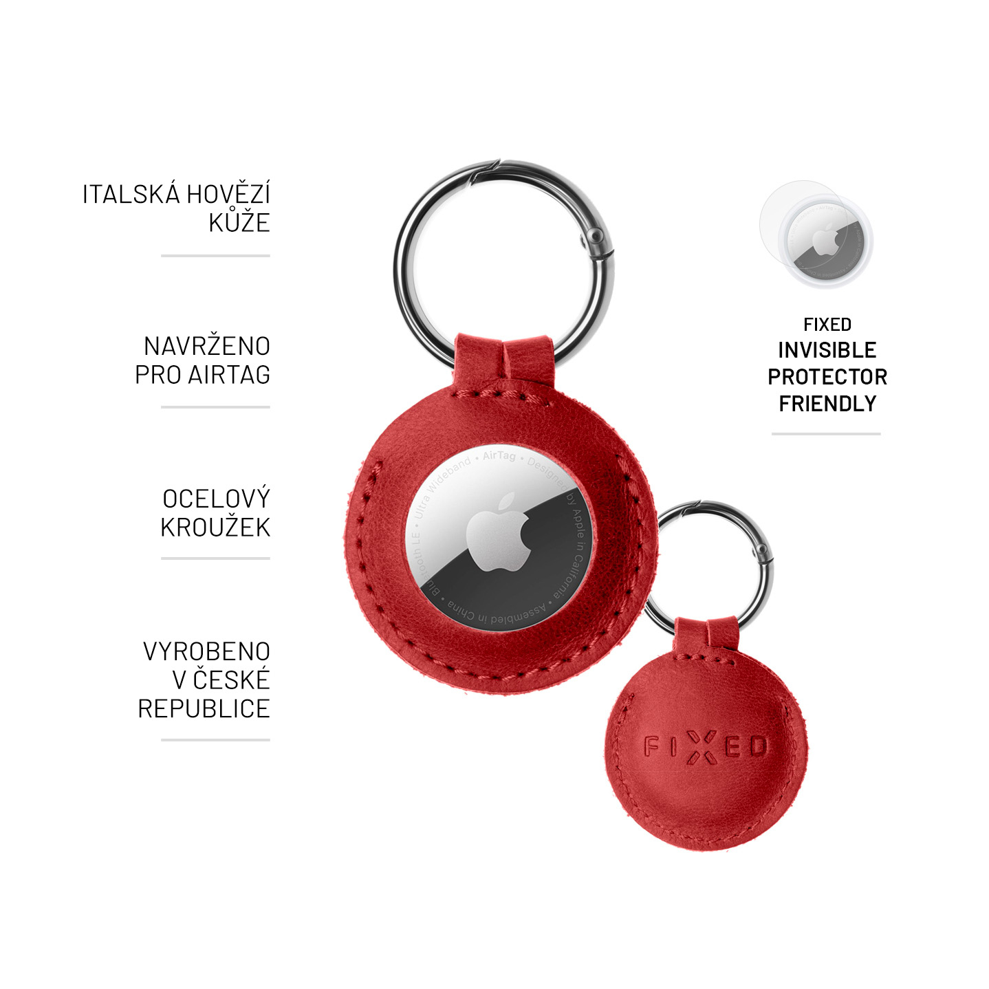Rotes Leder-Schlüsselanhänger für AirTag mit silbernem Metallring und tschechischer Produktbeschreibung.