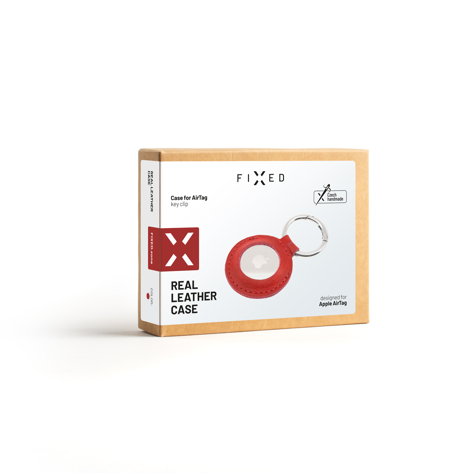 Eine Verpackung für ein rotes Echtleder-Schlüsselband für den Apple AirTag auf weißem Hintergrund.