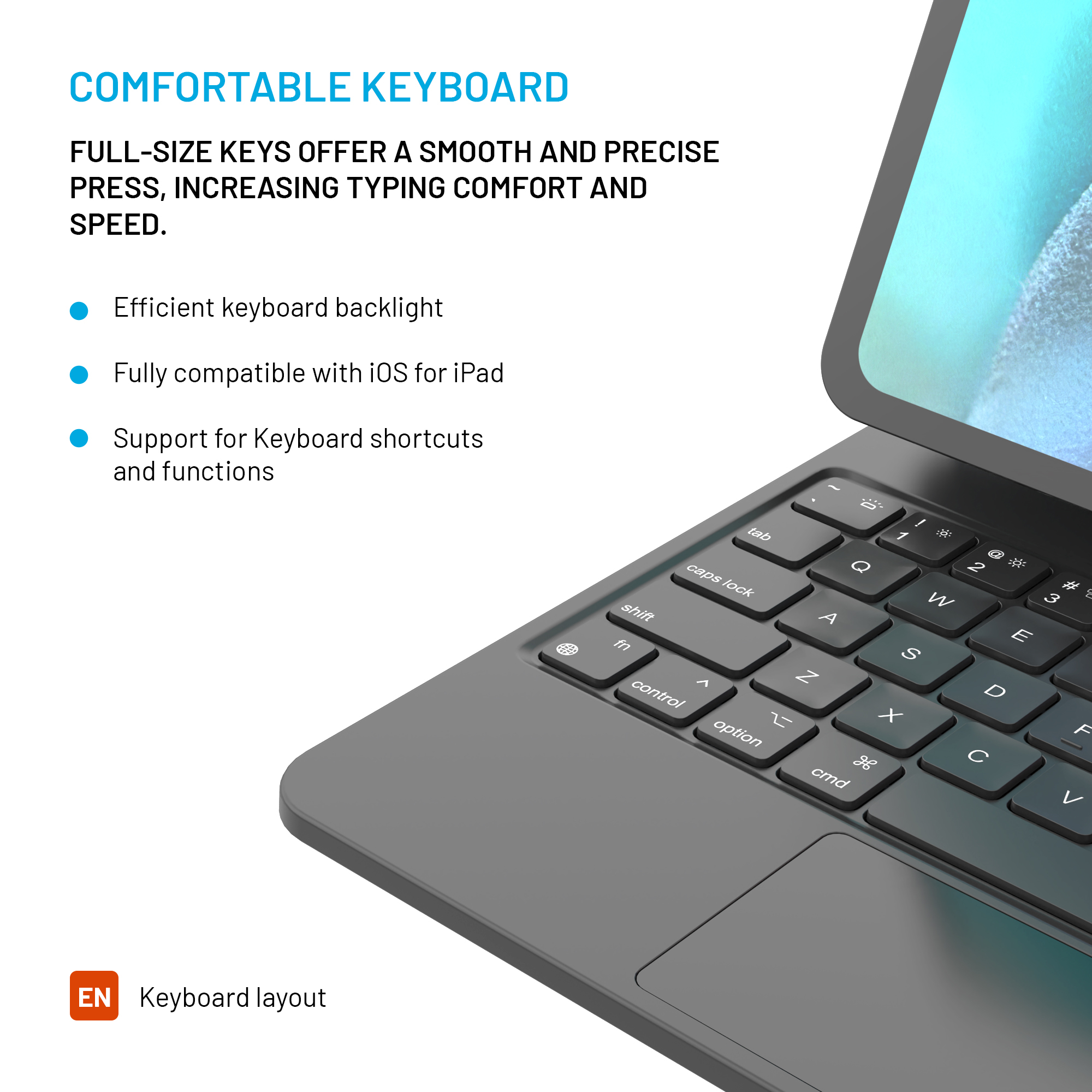 Nahaufnahme einer dunkelgrauen Tablet-Tastatur mit Trackpad und Text zu komfortablen Tippfunktionen.