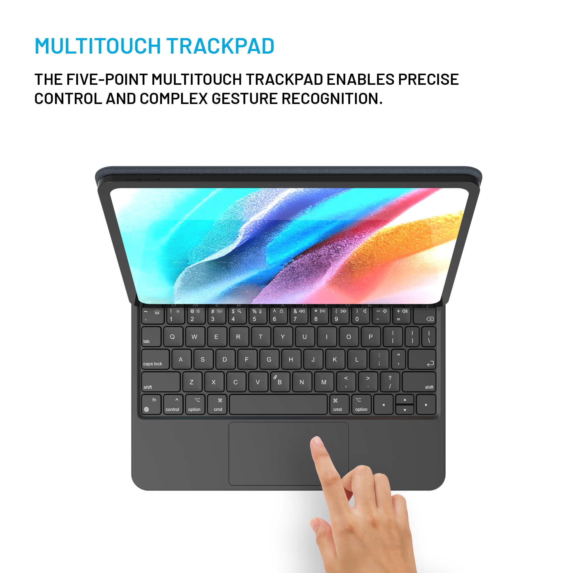 Hand berührt das Touchpad einer Tablet-Tastatur mit buntem Bildschirm.