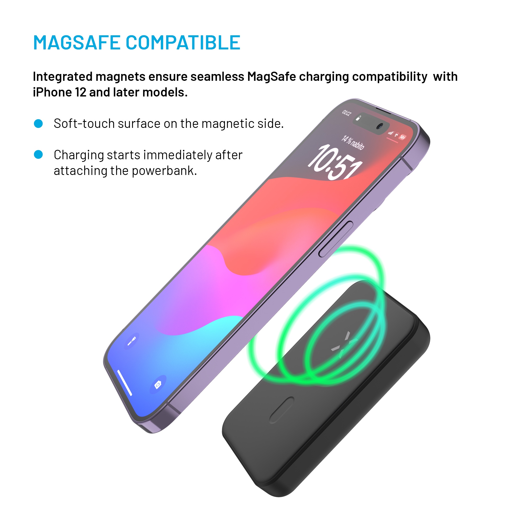 Ein Smartphone und eine schwarze MagSafe Powerbank mit grünen Lade-Wellen und Text zur Kompatibilität.