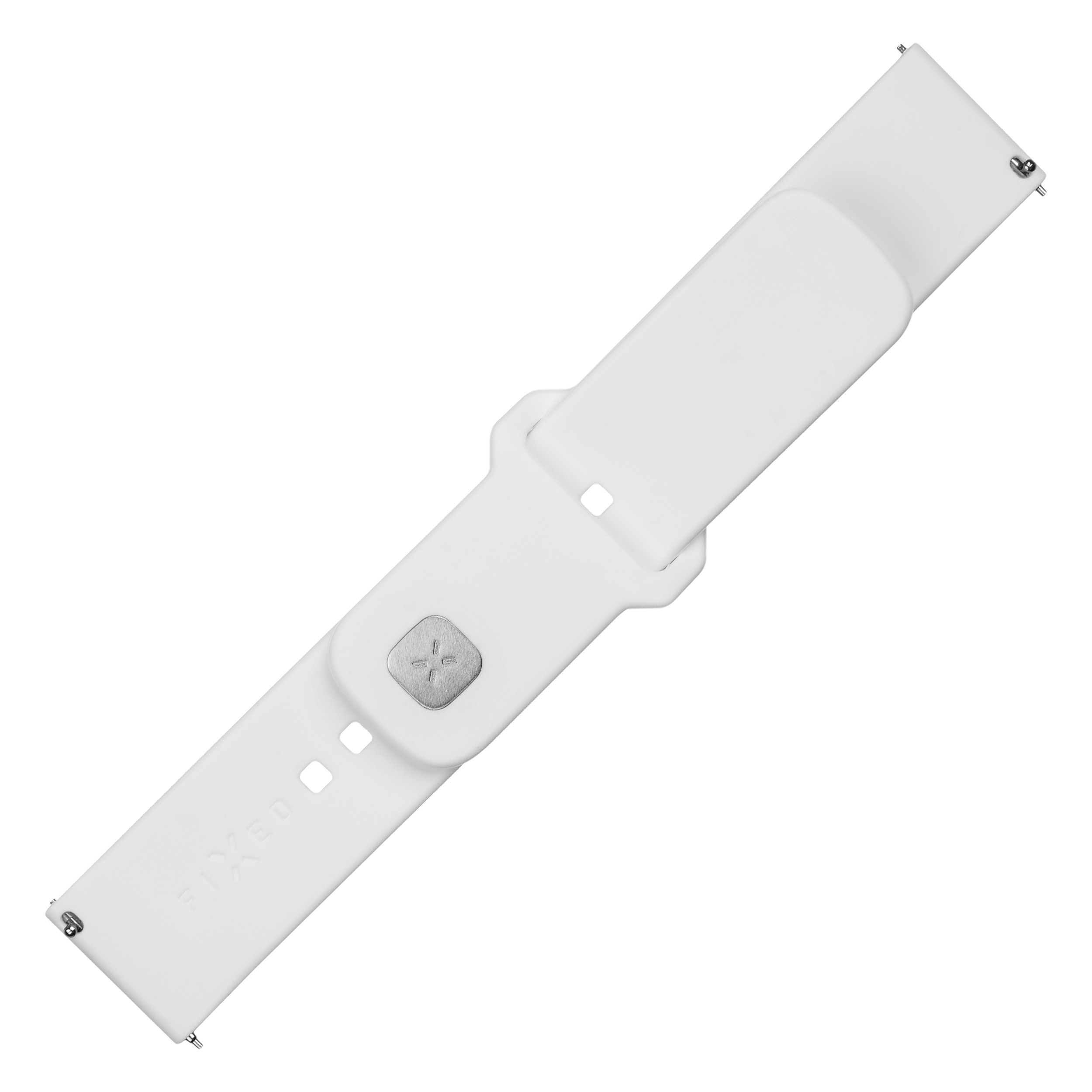 Una correa de reloj de silicona blanca larga con elementos de metal plateado sobre fondo blanco.