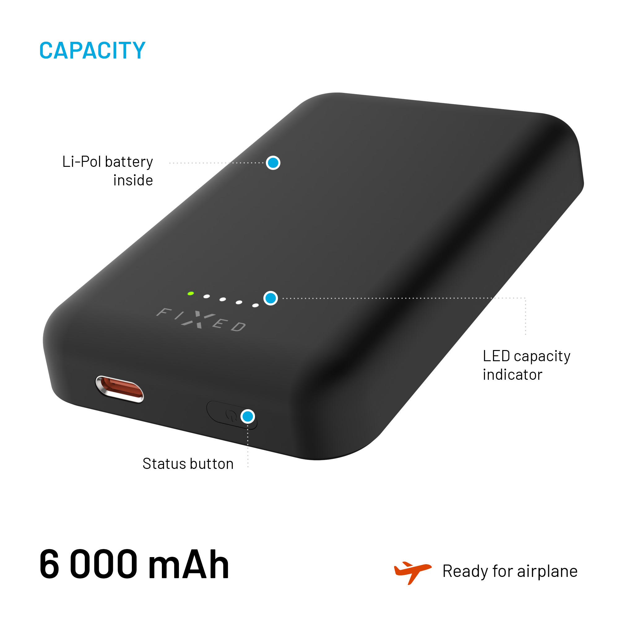 Schwarze 6000mAh Powerbank mit USB-C-Anschluss, LED-Anzeige und Status-Button auf weißem Hintergrund.