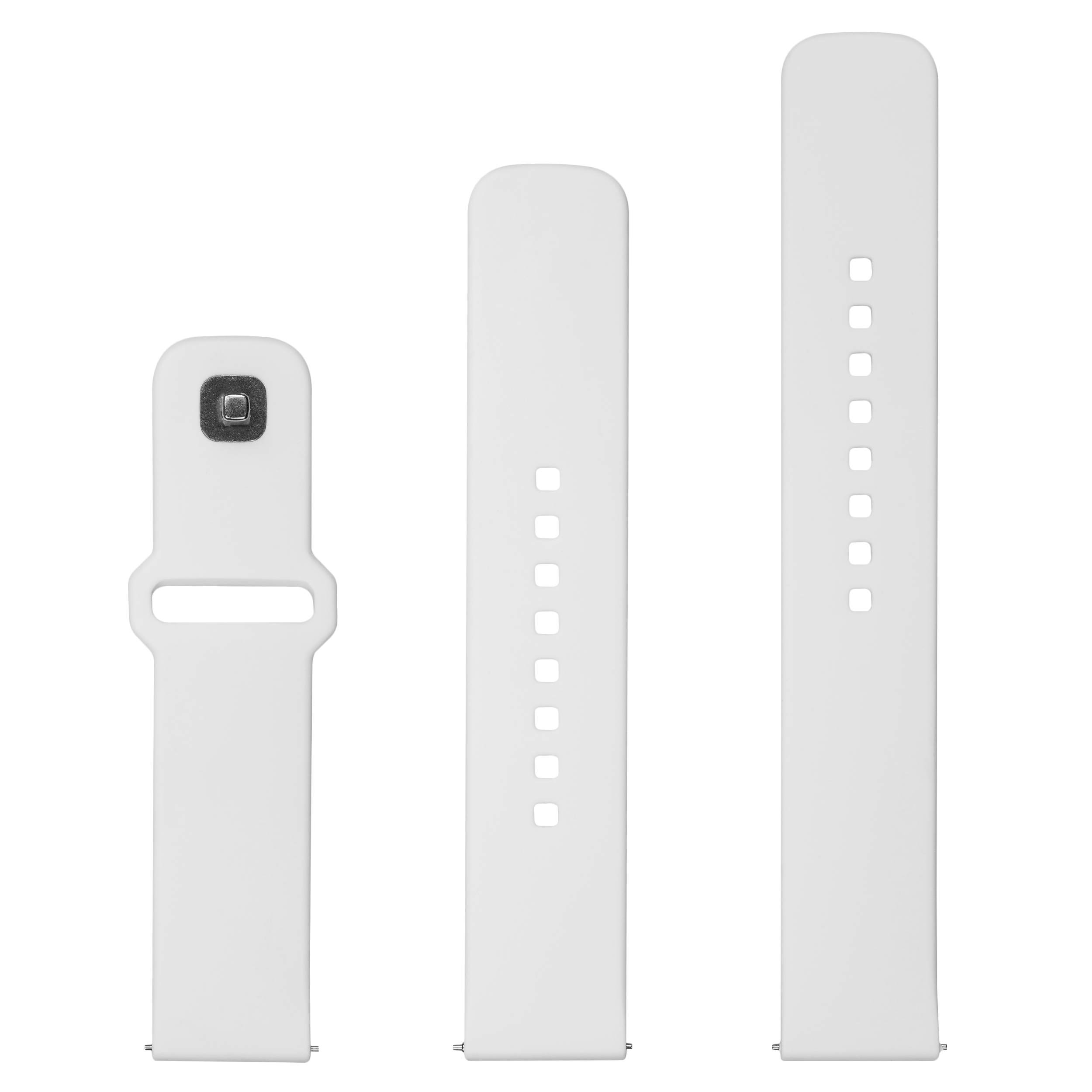 Tres correas de reloj inteligentes blancas de diferentes longitudes sobre fondo blanco.