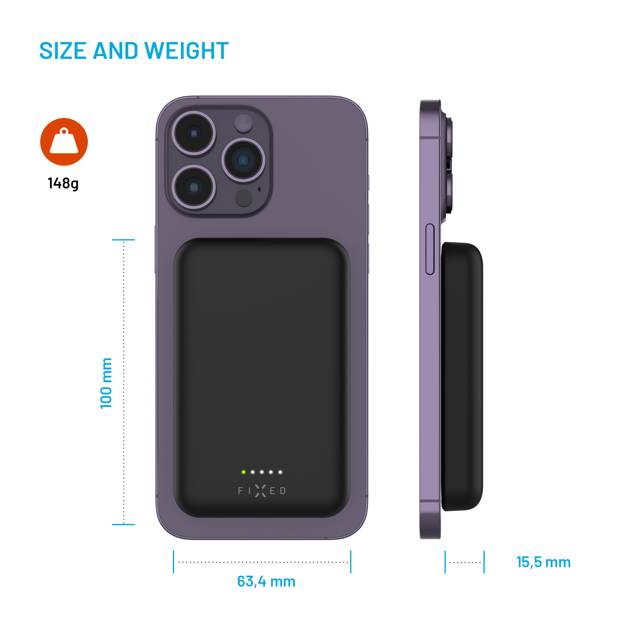 Größe und Gewicht eines lilafarbenen iPhones mit magnetischer Powerbank: 148 g, 100 x 63,4 x 15,5 mm.