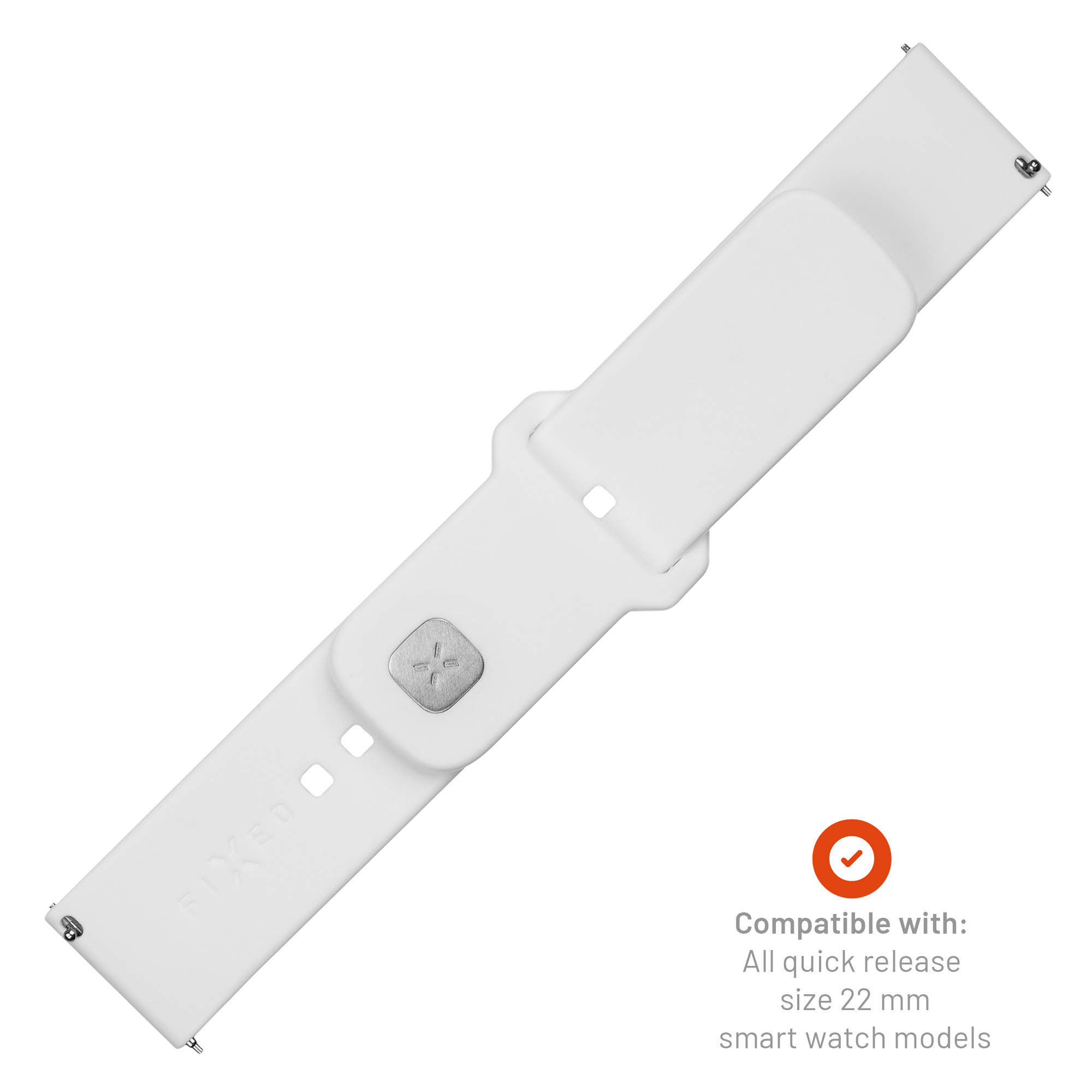Correa de reloj de silicona blanca con hebilla plateada, para relojes inteligentes de 22 mm sobre fondo blanco.