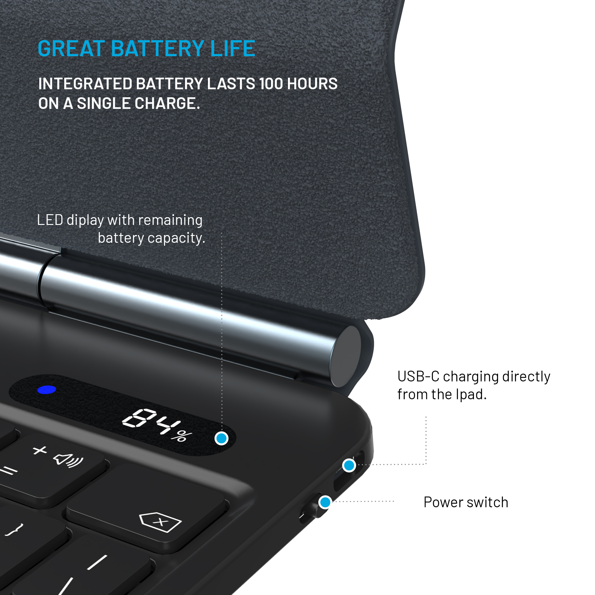Schwarze Tastatur mit 84% LED-Anzeige, USB-C-Anschluss, Ein/Aus-Schalter und strukturierter Hülle.