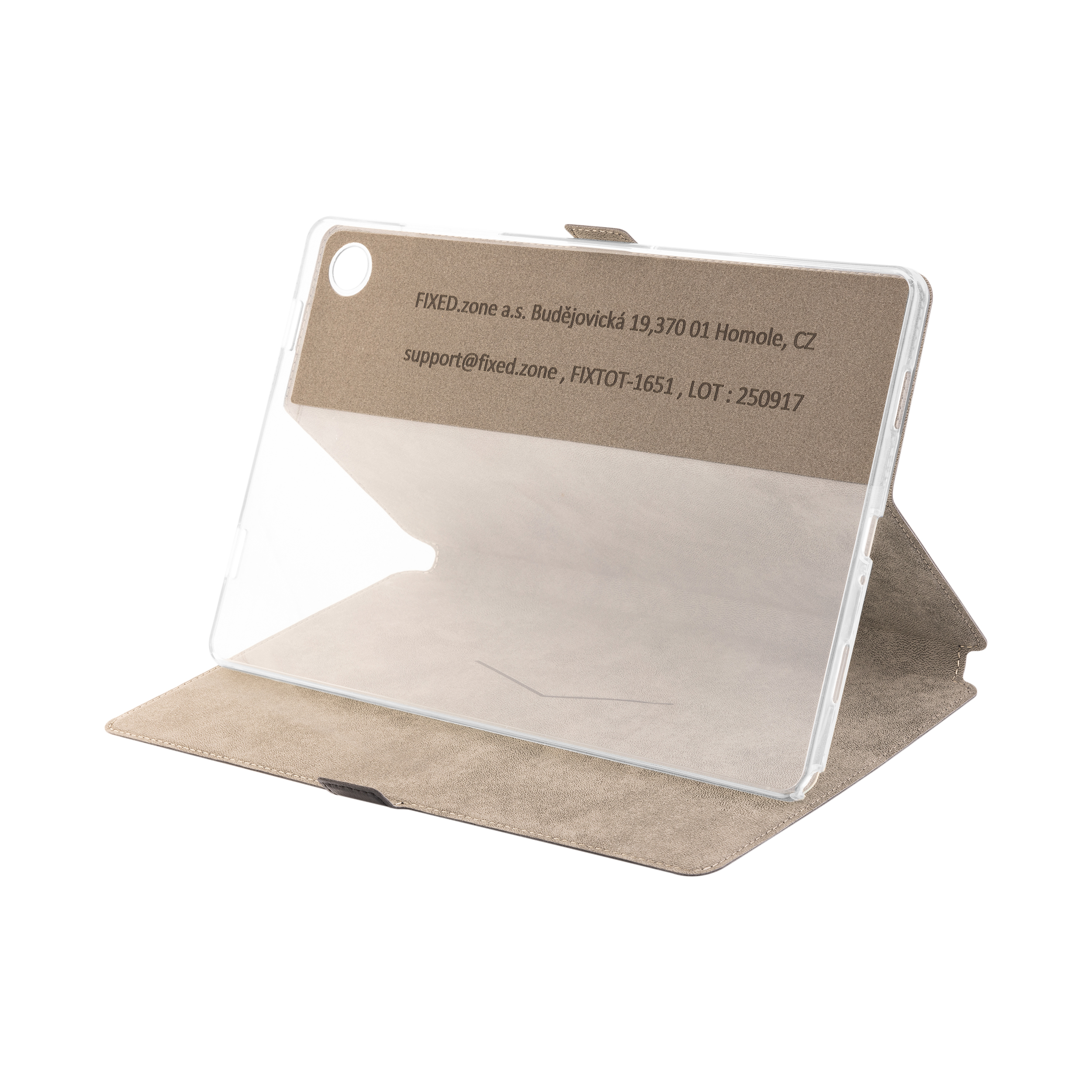 Eine beige Tablet-Hülle mit transparentem Rahmen und gedruckten Herstellerinformationen auf der Innenseite.