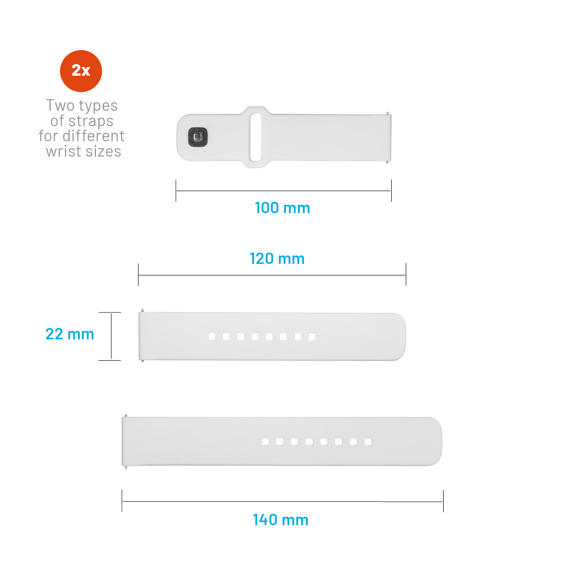 Diagrama que muestra correas de reloj blancas con diferentes tamaños: 100 mm, 120 mm y 140 mm de largo, y 22 mm de ancho.
