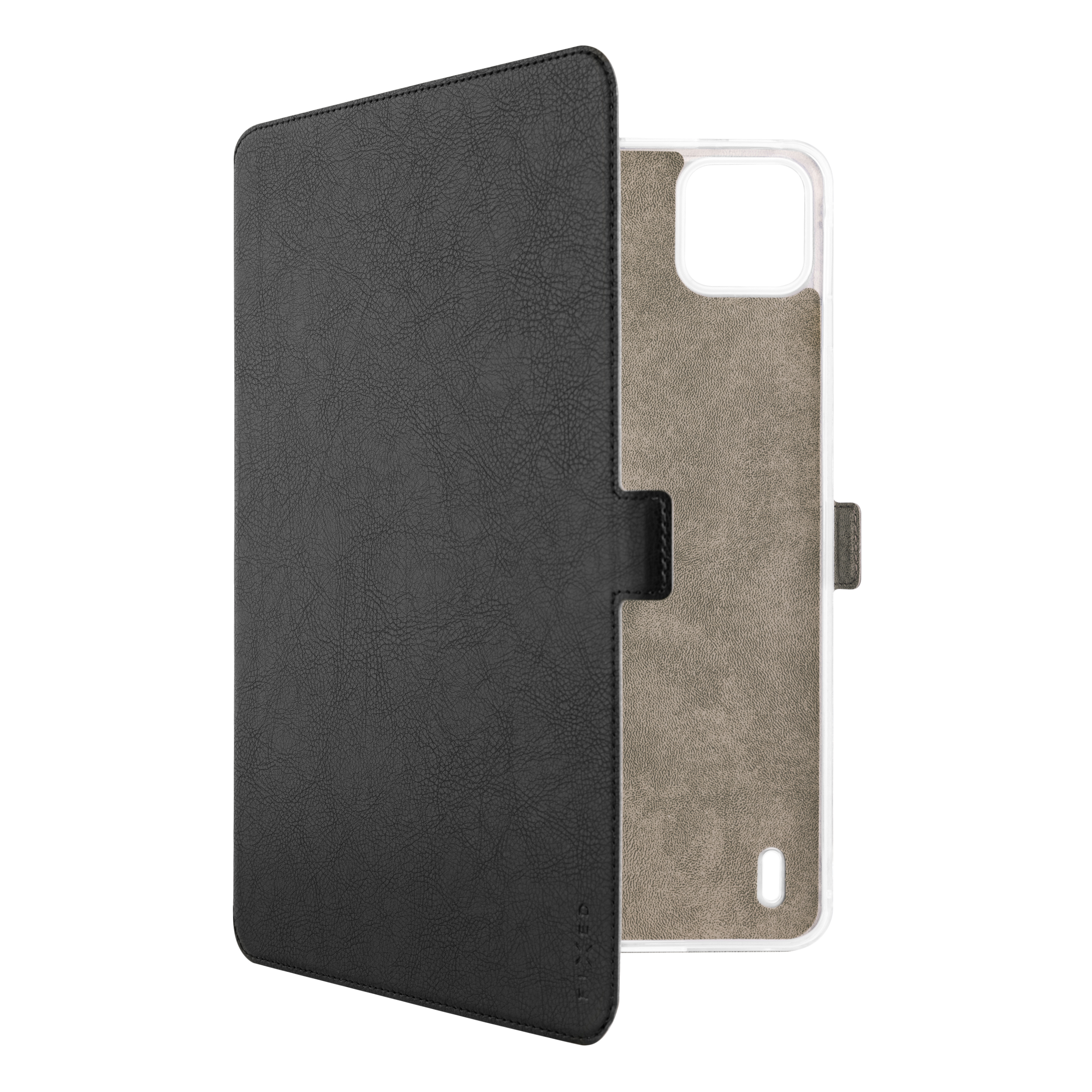 Custodia nera per tablet con copertina a libro e cornice trasparente.