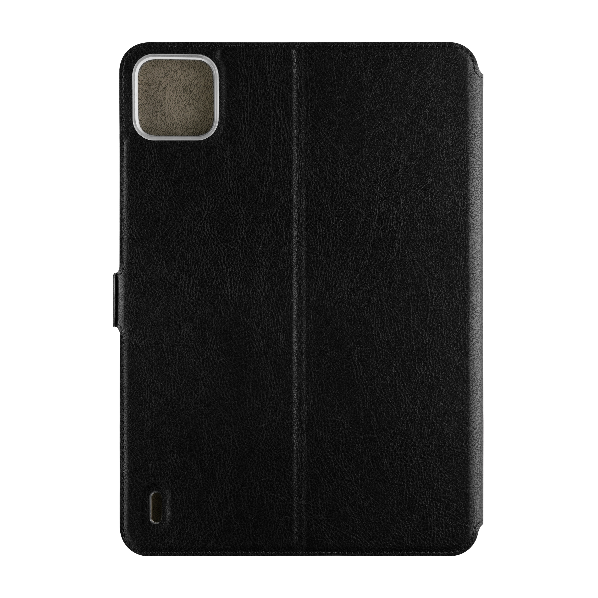 Custodia per tablet in pelle nera con foro per fotocamera e linea di piega su sfondo bianco.