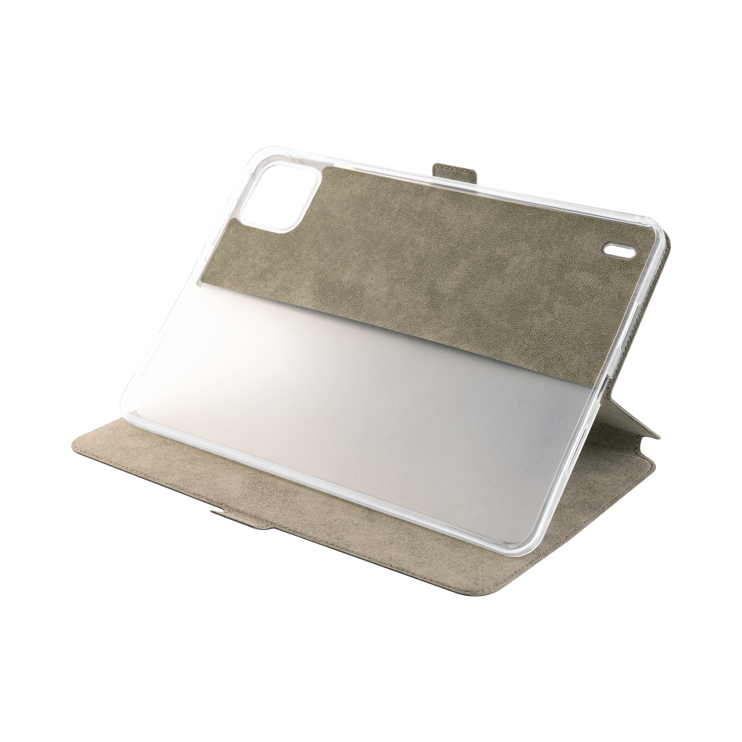 Una custodia per tablet grigia con retro trasparente, aperta su sfondo bianco.